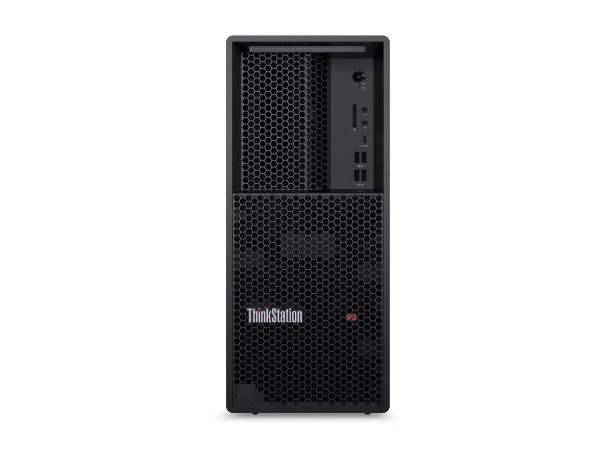 Ein schwarzer ThinkStation-Desktop-Tower mit einem Wabengitterdesign, vorderen Anschlüssen und einem kleinen Einschaltknopf.