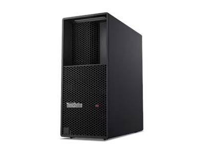 Ein schwarzer Desktop-Computerturm mit gelochtem Frontpanel, beschriftet mit 'ThinkStation'.