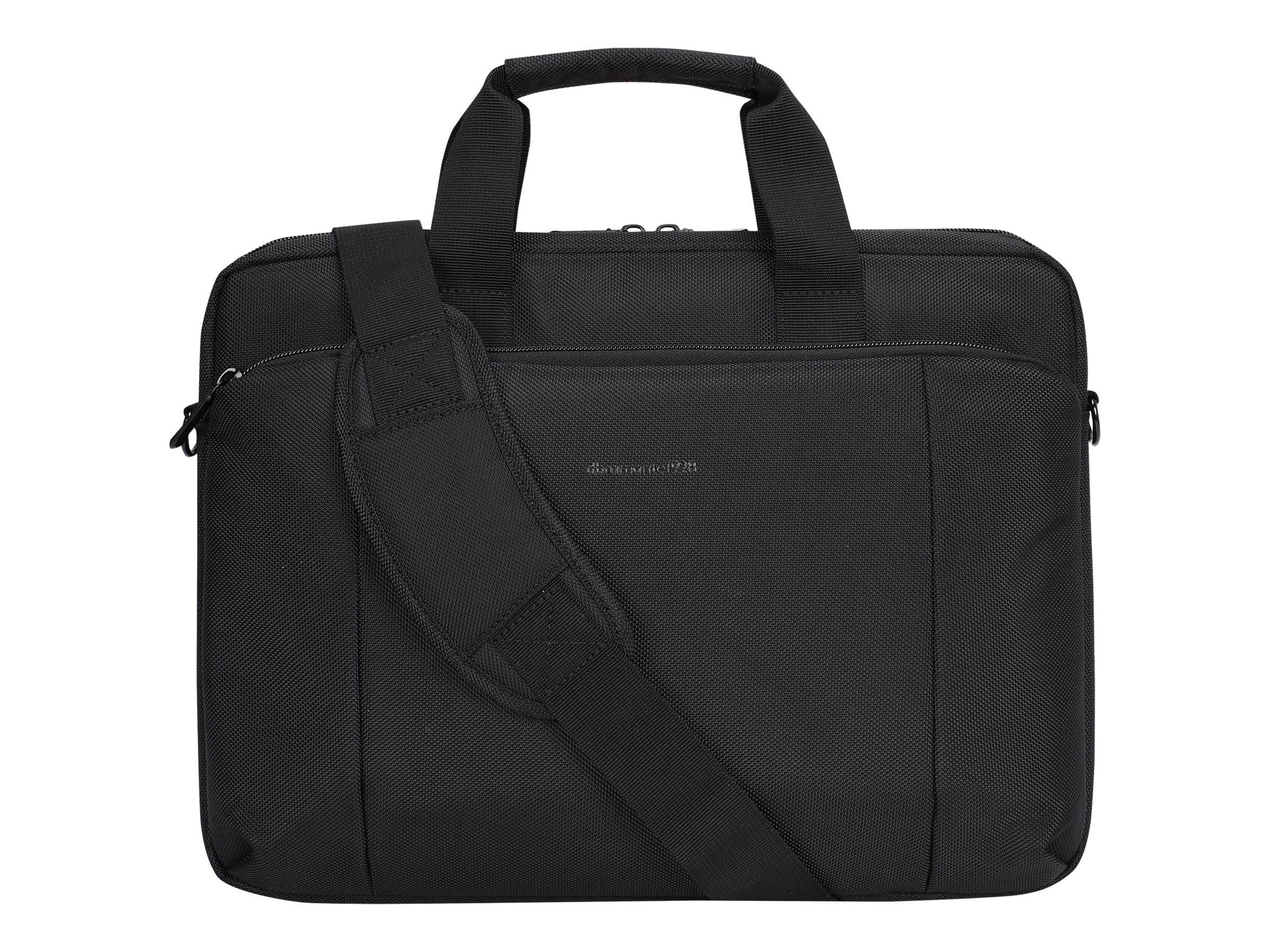 Eine schwarze Laptoptasche mit Griff und verstellbarem Schultergurt, ausgestattet mit strukturiertem Material und einer kleinen Reißverschlusstasche vorne.