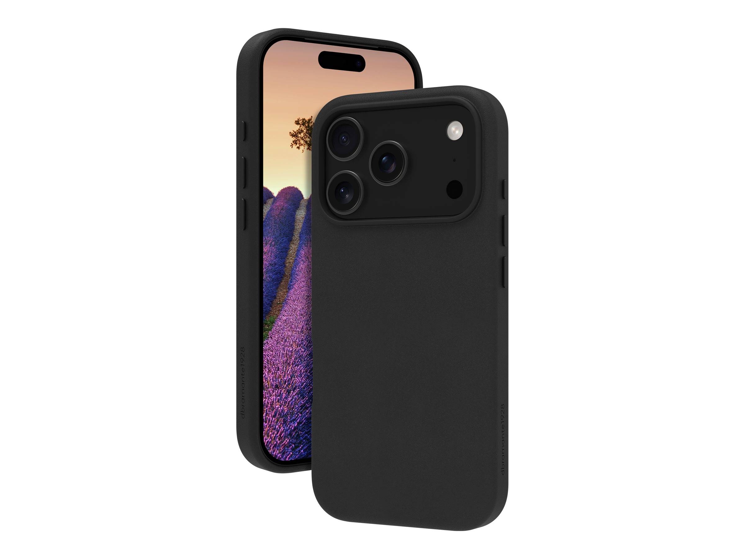 Zwei Smartphones mit schwarzen Gehäusen, eines von vorne zeigend ein Lavendelfeld bei Sonnenuntergang, und das andere mit drei Kameraobjektiven.