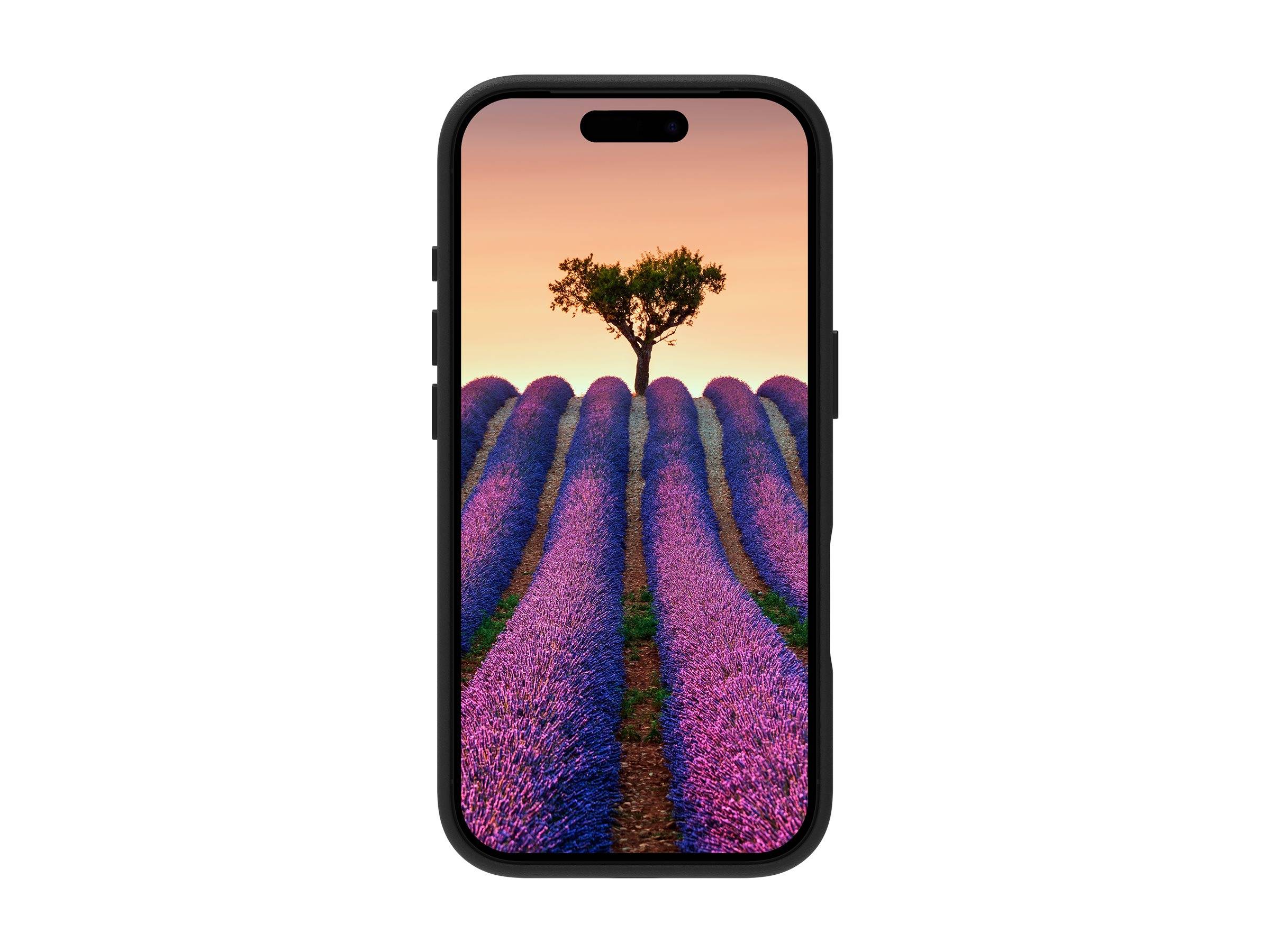 Ein Smartphone zeigt ein malerisches Bild eines Lavendelfeldes mit Reihen, die zu einem einsamen Baum vor einem Farbverlaufshimmel bei Sonnenuntergang führen.