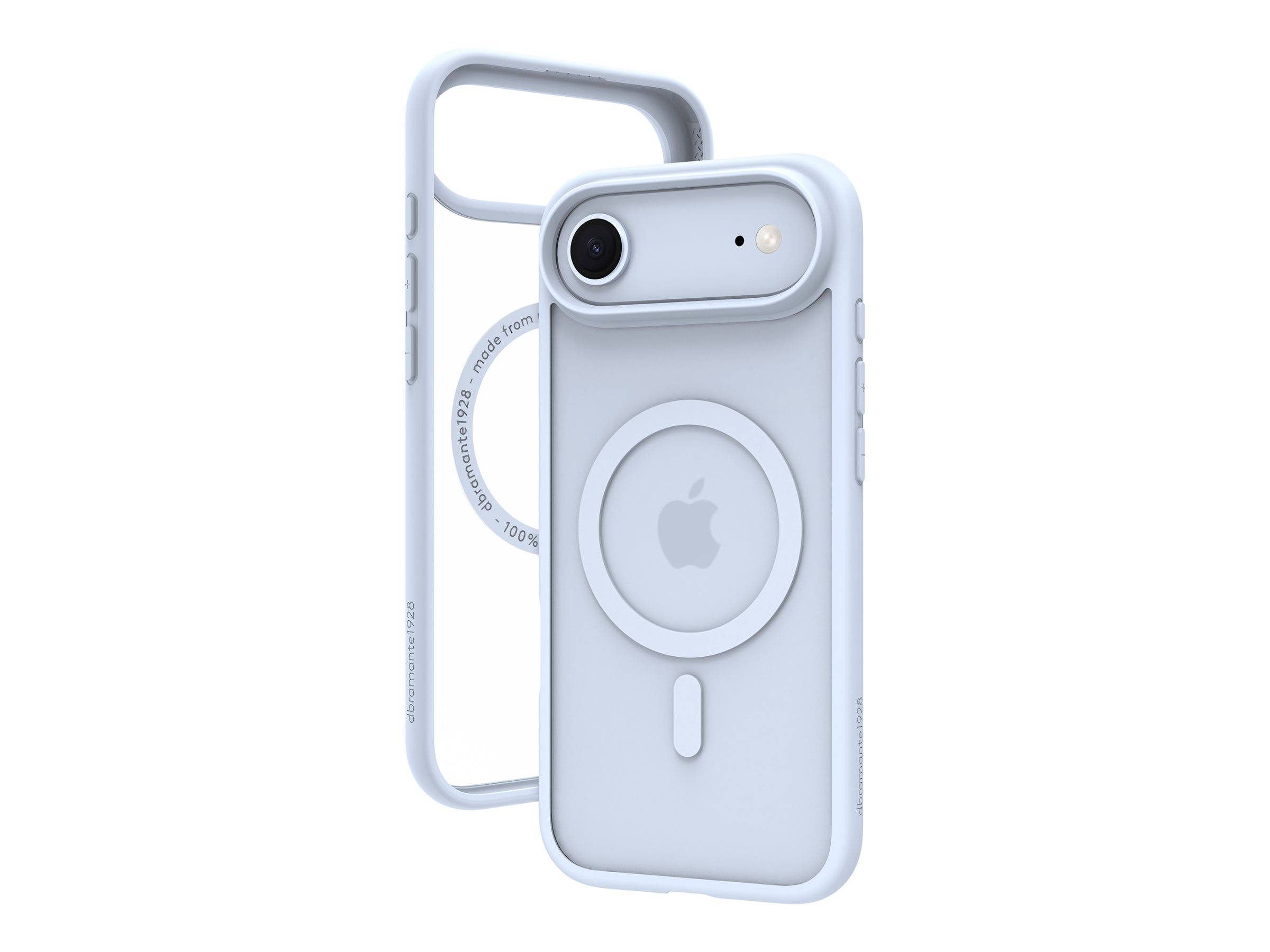 Ein weißes Handygehäuse mit einem kreisförmigen Design, das eine Kameraaussparung und das Apple-Logo aufweist, wird von vorne und der Seite gezeigt.