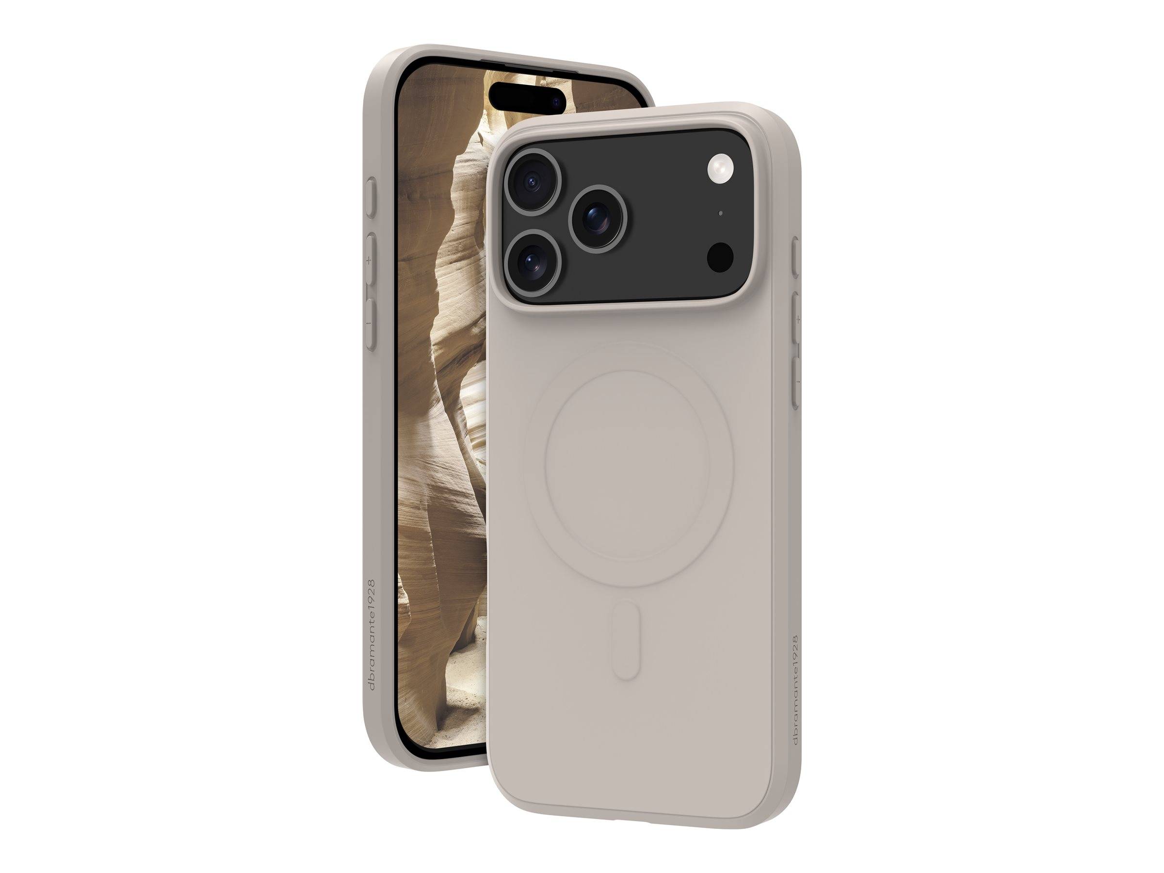 Rück- und Frontansicht eines Smartphones in einem beigen Schutzcase. Die Rückseite zeigt eine Kamera mit drei Linsen und einem kreisförmigen MagSafe-Umriss.