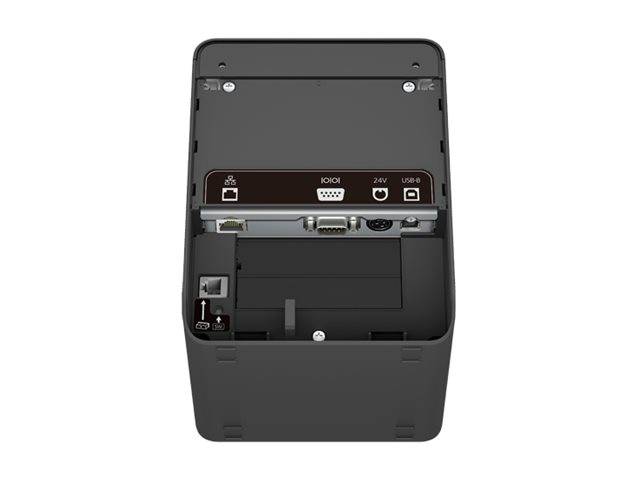 Rückansicht eines schwarzen elektronischen Geräts mit Anschlussanschlüssen, einschließlich HDMI, 24V-Stromversorgung, USB und Kabelschnittstellen.
