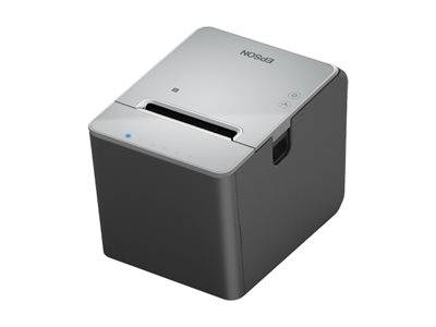 Kompakter grauer Desktop-Thermodrucker für Quittungen mit Papierschacht und Steuerungstasten auf der Oberseite