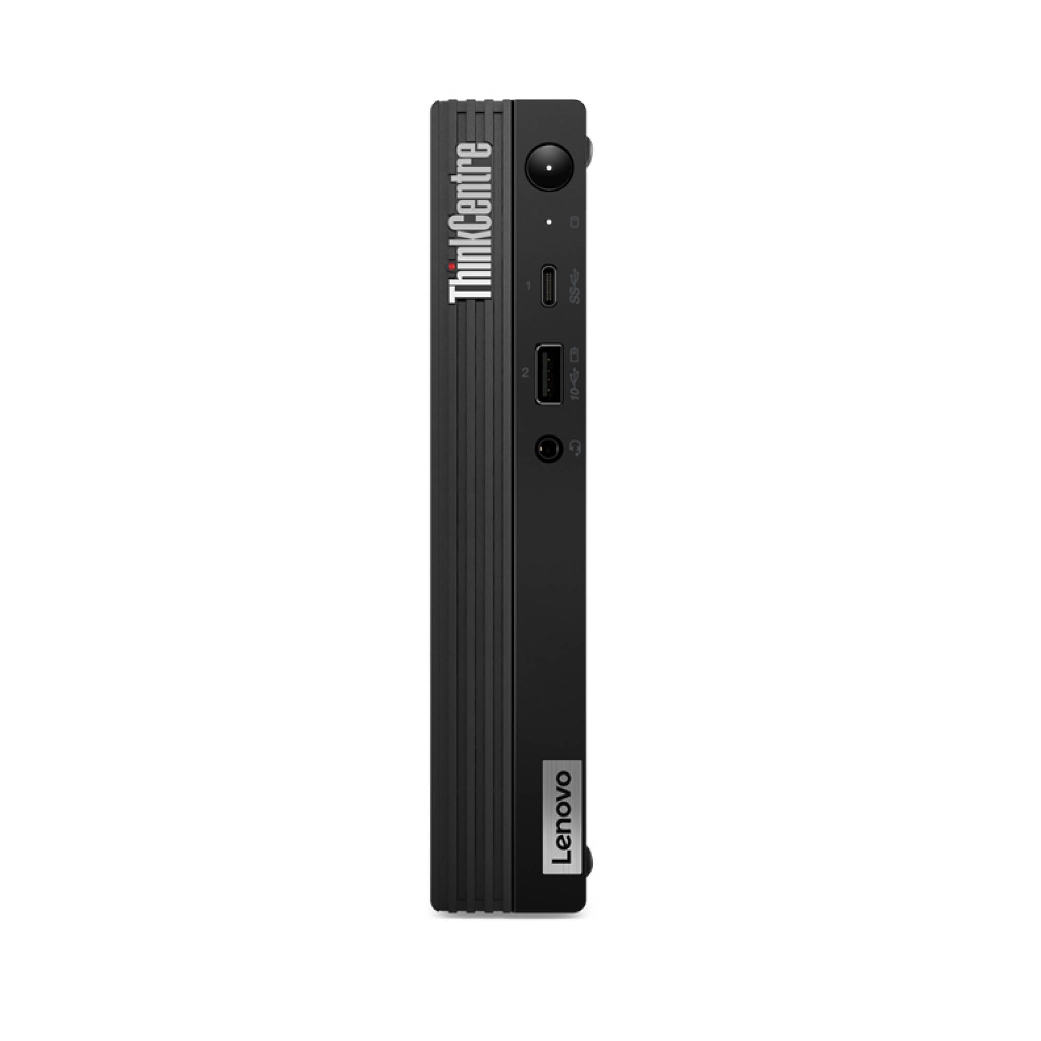 Ein schlanker Lenovo ThinkCentre Desktop-Computer in Schwarz, von vorne gezeigt, mit USB-Anschlüssen und Audioports an seinem Panel.