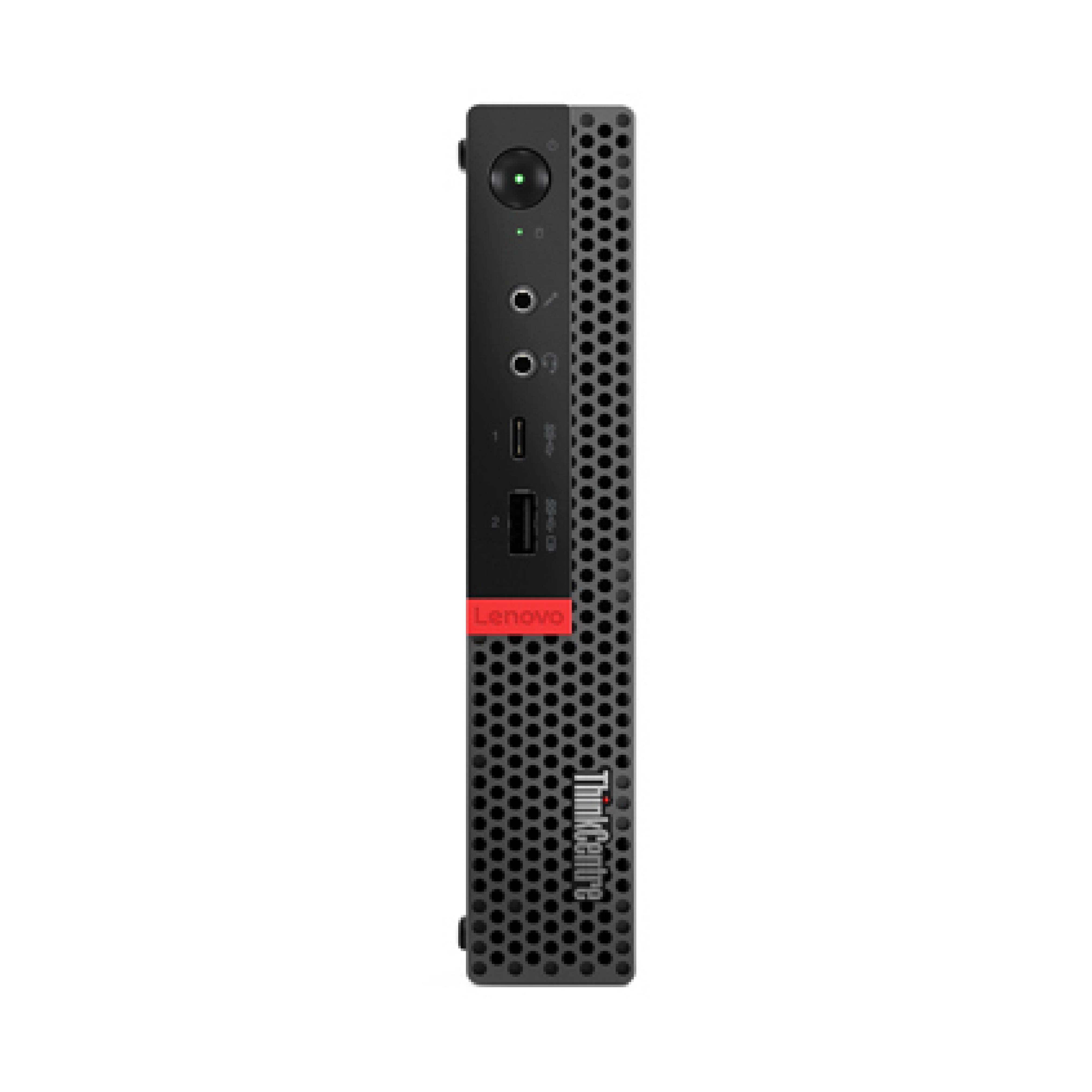 Vertikaler Lenovo ThinkCentre Mini-Desktop-Tower mit perforiertem Frontpanel, Stromschalter, Audiobuchsen, USB-Anschlüssen und rotem Lenovo-Logo.
