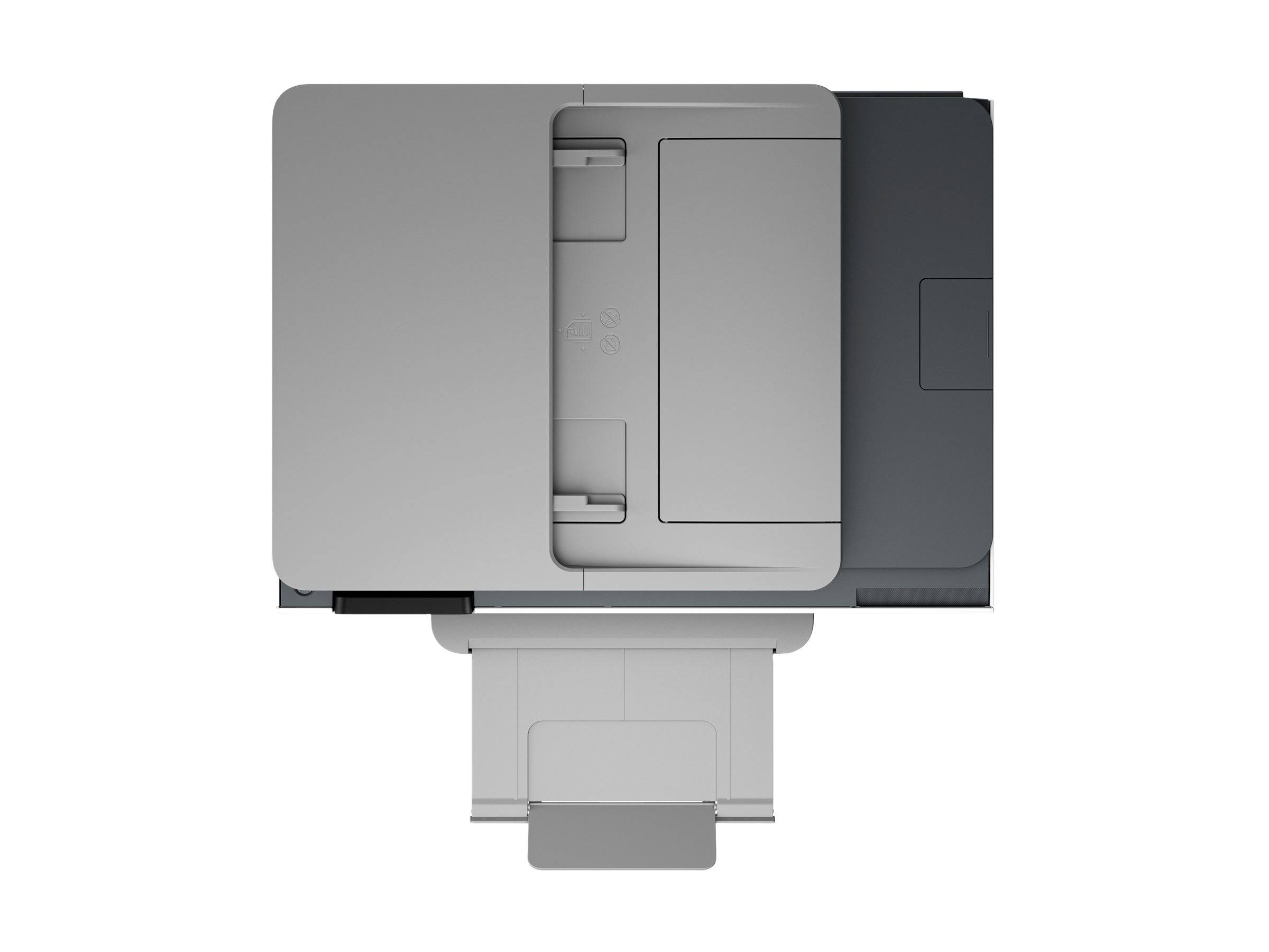 Draufsicht auf ein kompaktes graues elektronisches Gerät mit einem zentralen rechteckigen Bedienfeld und einem hervorstehenden unteren Modul.