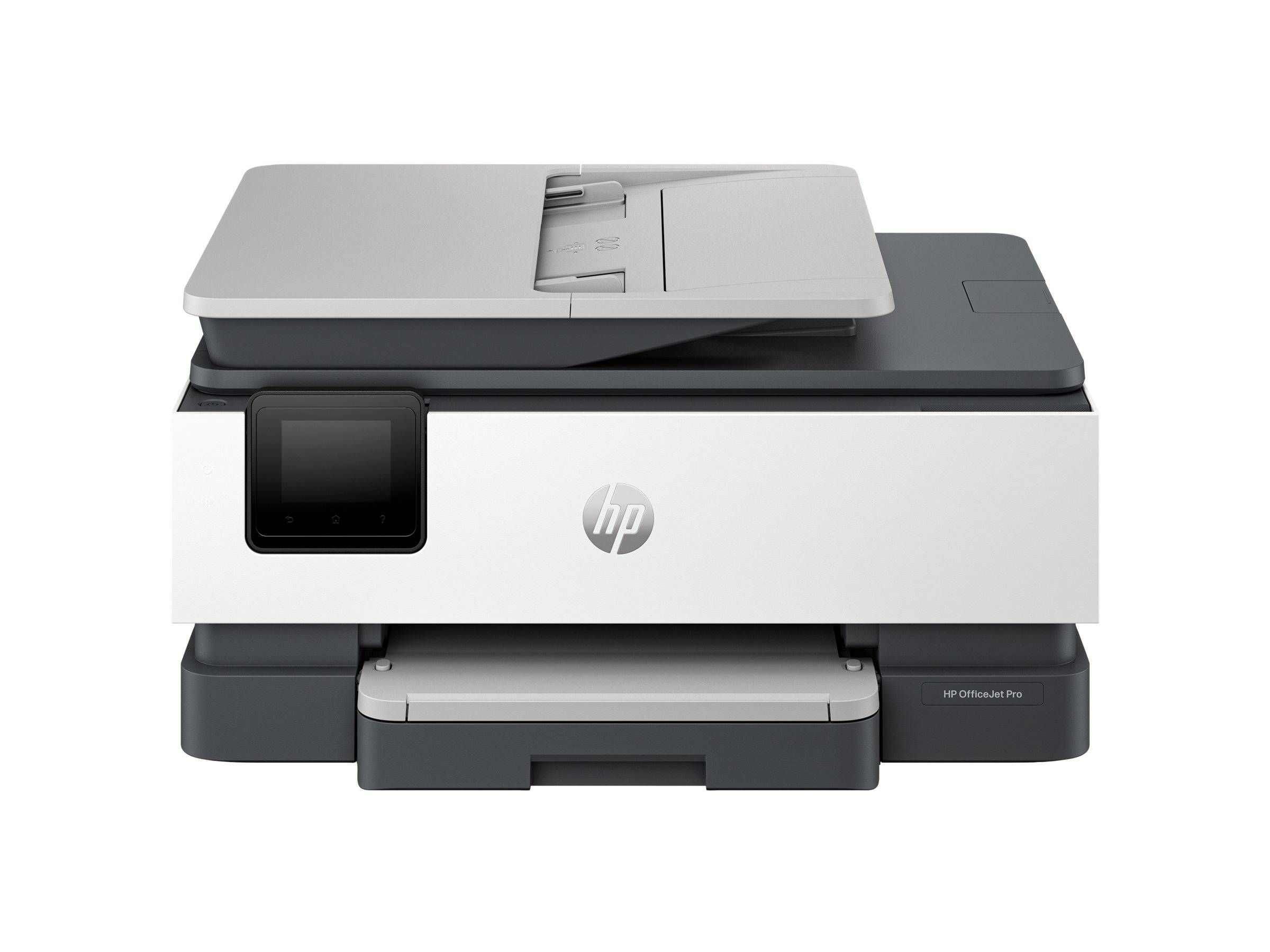 Vorderansicht eines HP-Multifunktionsdruckers mit Scannerklappe und Papierausgabefach.