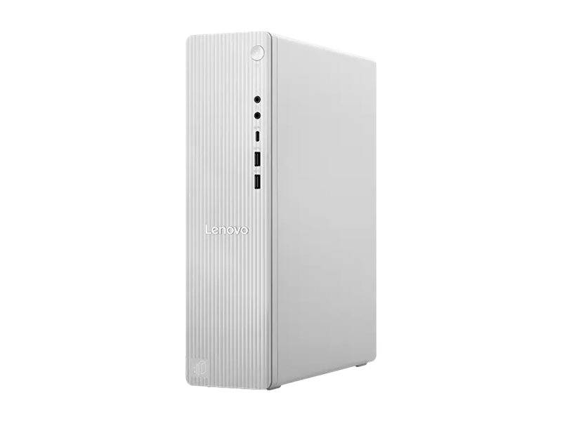 Ein weißer Lenovo-Desktop-Tower mit vertikalen Linien an der Frontplatte, versehen mit dem Lenovo-Logo und mehreren nach vorne gerichteten Anschlüssen.