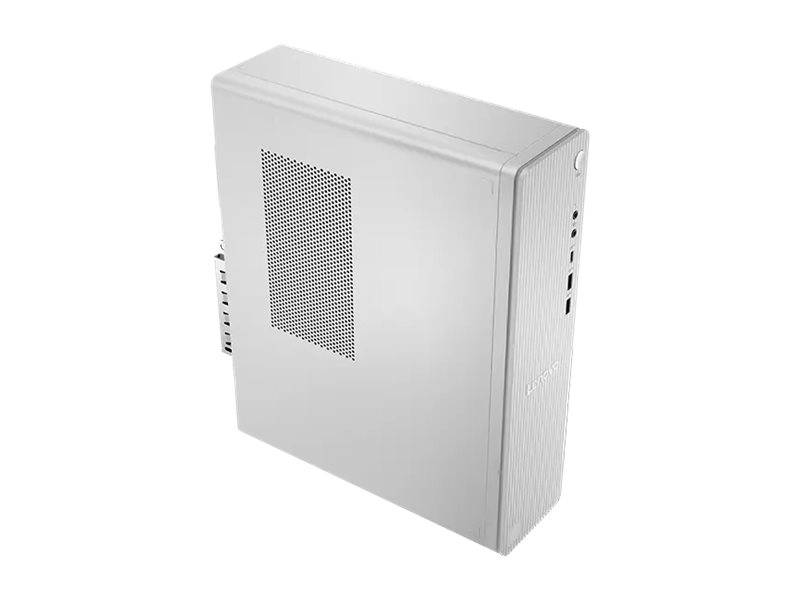 Ein schlanker, vertikaler, weißer Computer-Tower mit einer perforierten Seitenwand und vorderen USB-Anschlüssen, der ein minimalistisches Design präsentiert.