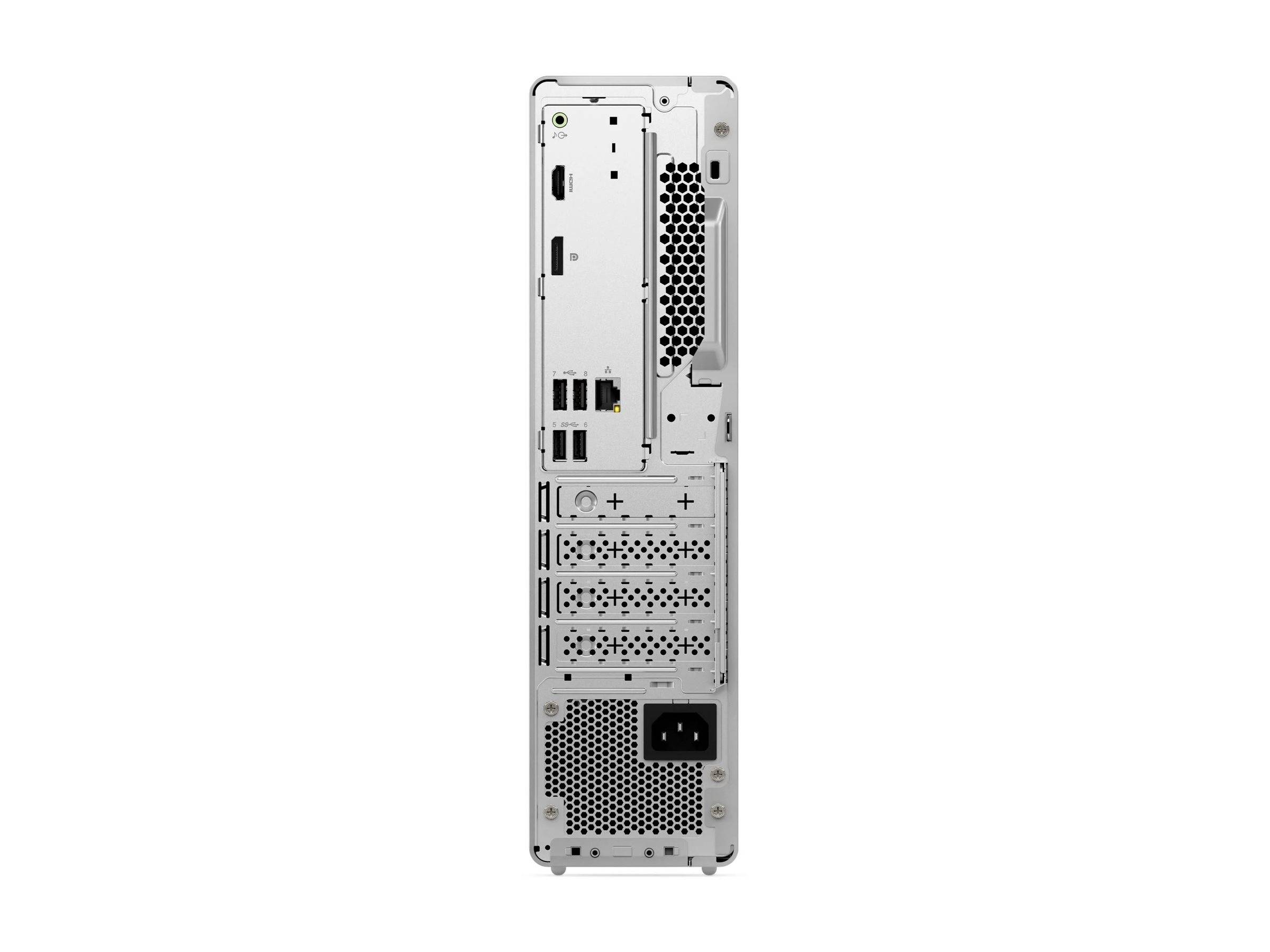 Rückansicht eines Computertowers mit verschiedenen Anschlüssen und Steckplätzen, einschließlich USB, Ethernet und Netzteilanschluss.