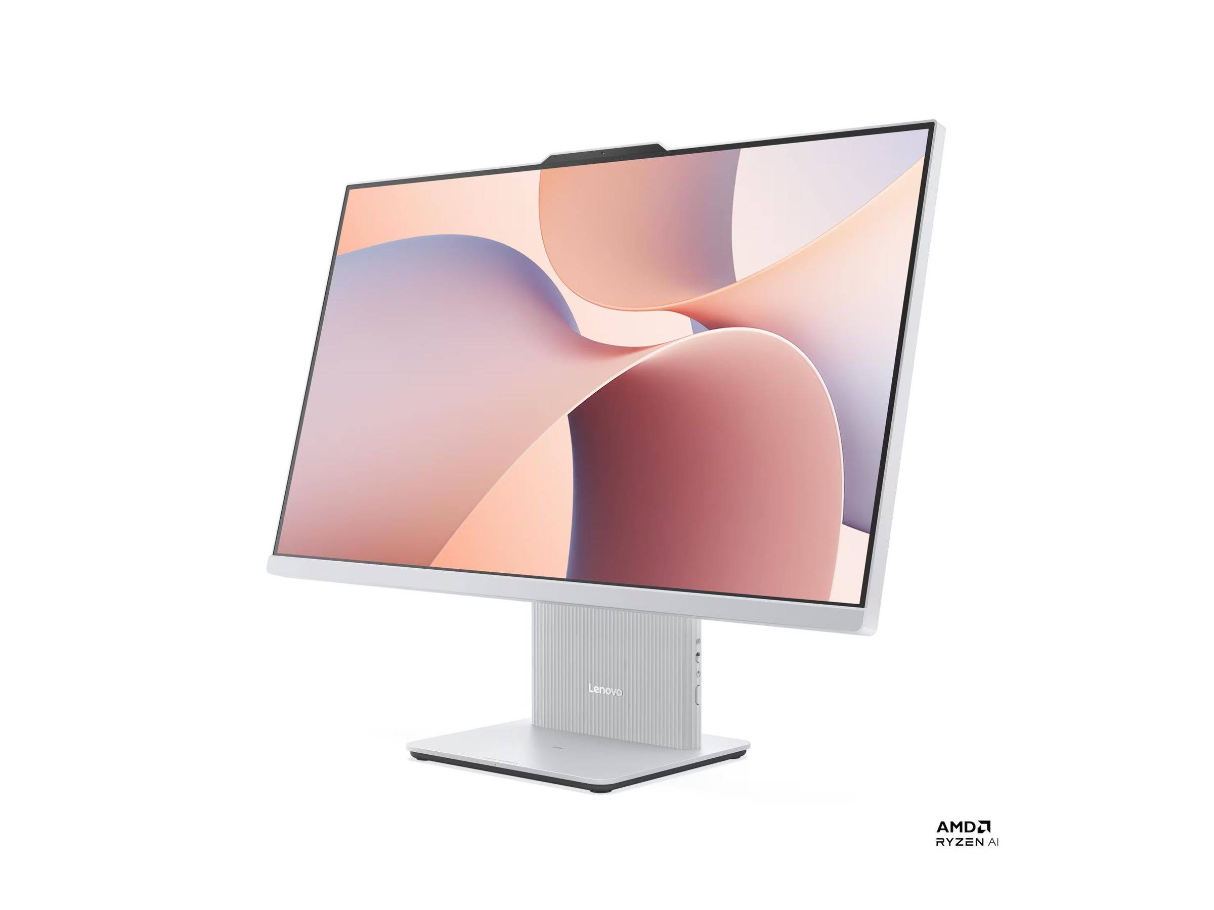 Ein schlanker, moderner Computermonitor, der abstrakte Pastellformen präsentiert, vor einem weißen Hintergrund. In der unteren rechten Ecke befindet sich das 'AMD, Ryzen AI' Logo.