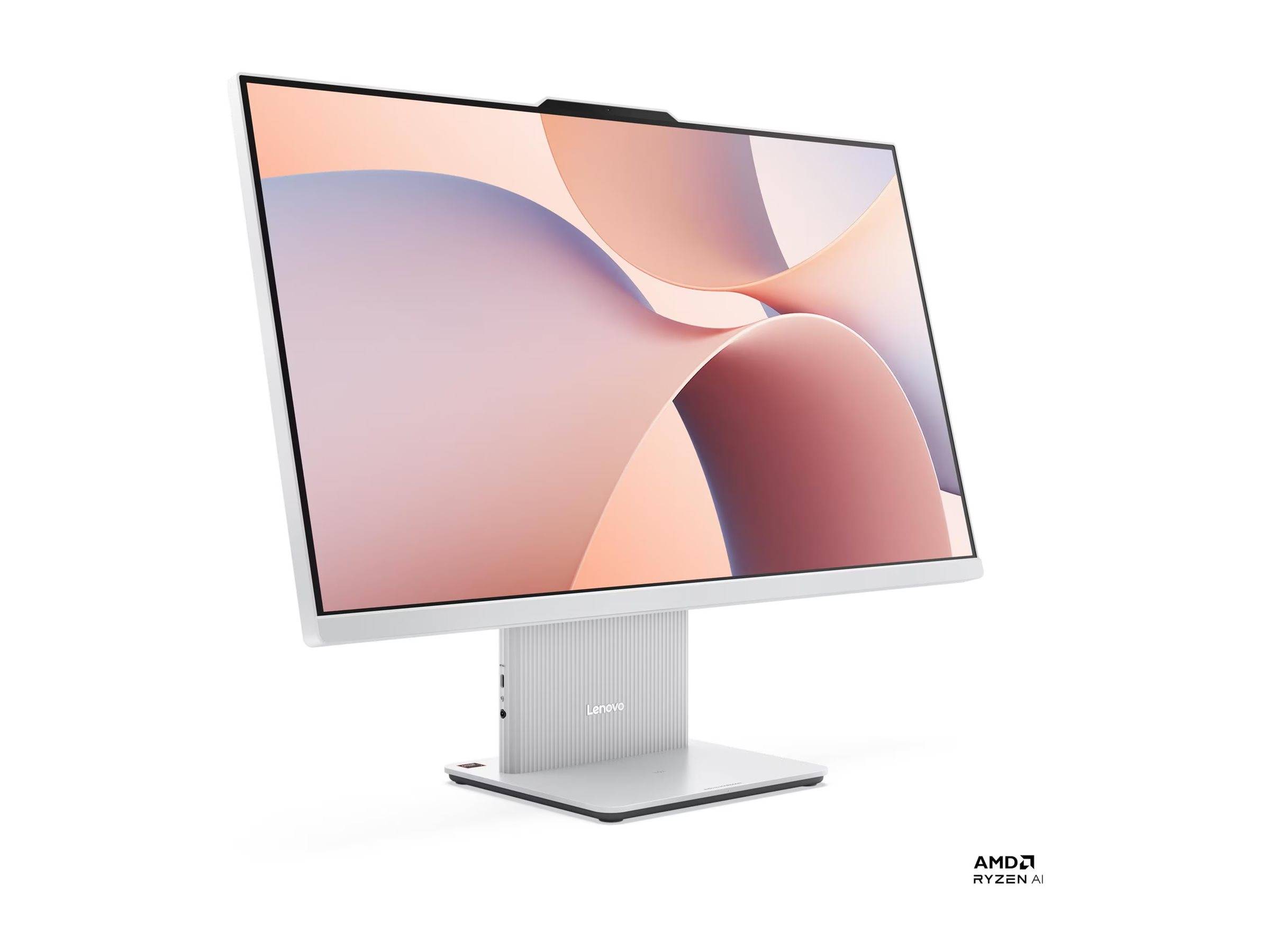 Ein Lenovo All-in-One-Desktop-Computer mit einem eleganten, silbernen Ständer und einem großen Monitor, der ein abstraktes Pastellfarben-Design zeigt.