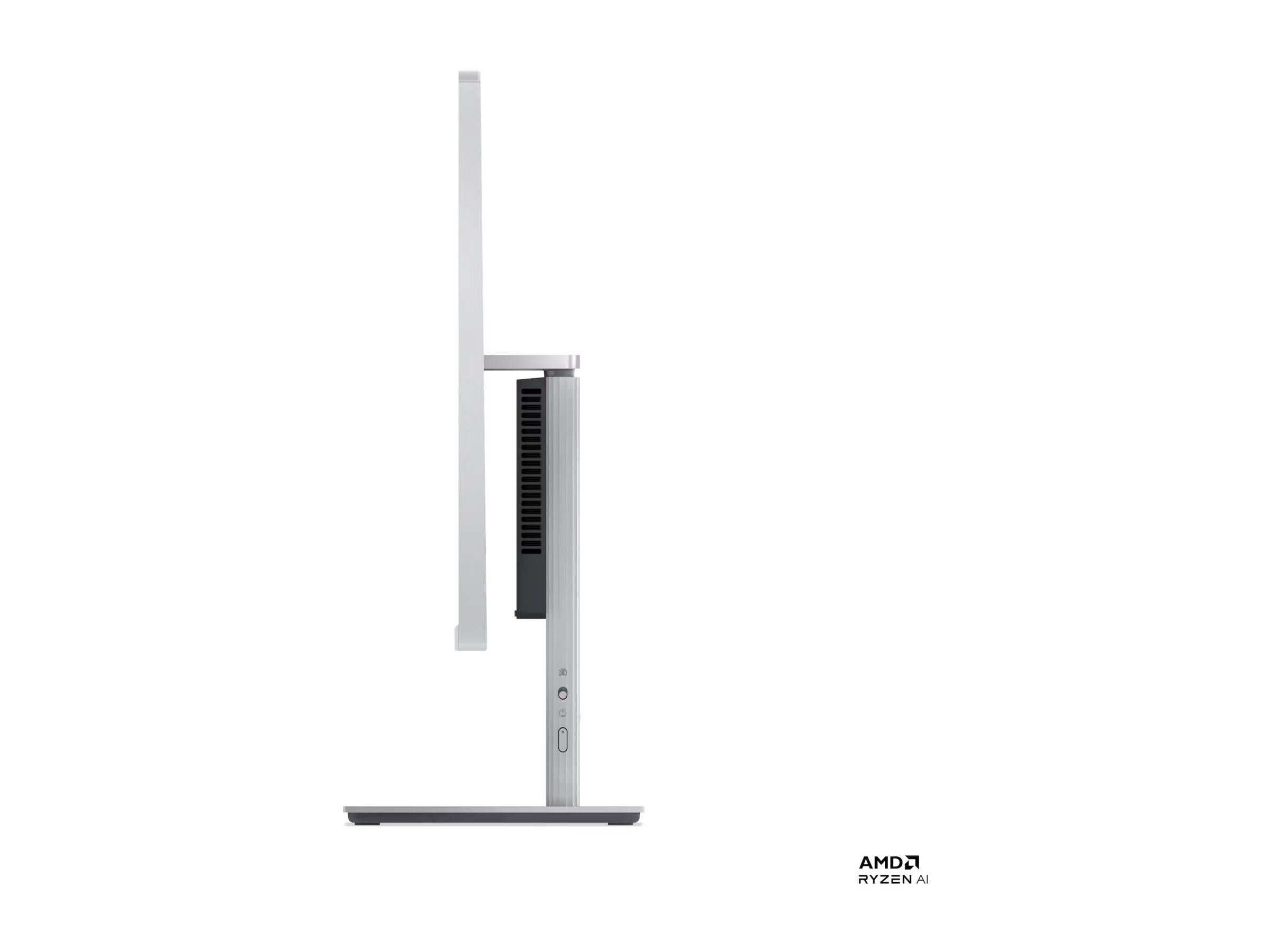 Eine Seitenansicht eines schlanken, modernen Computermonitors auf einem Ständer, mit minimal sichtbaren Kabeln. Das 'AMD Ryzen AI' Logo befindet sich in der Ecke.