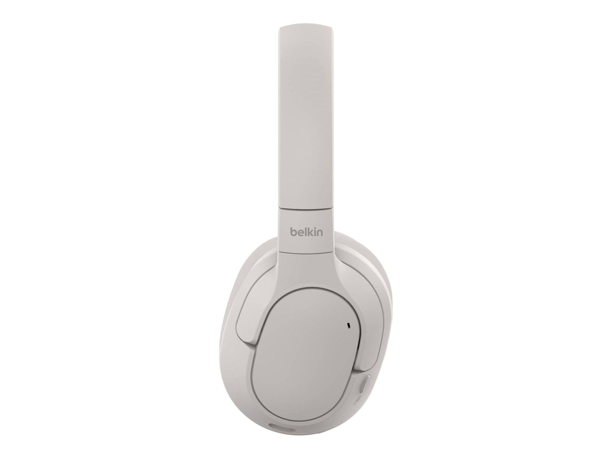 Weiße Over-Ear-Kopfhörer mit dem Markennamen 'belkin' an der Seite, die ein schlankes, minimalistisches Design aufweisen.