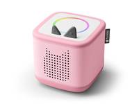 Ein rosa Kinder-Lautsprecher mit Katzenohren-Bedienelemente und einem Regenbogenlicht oben, entwickelt für interaktive Audio-Storytelling.