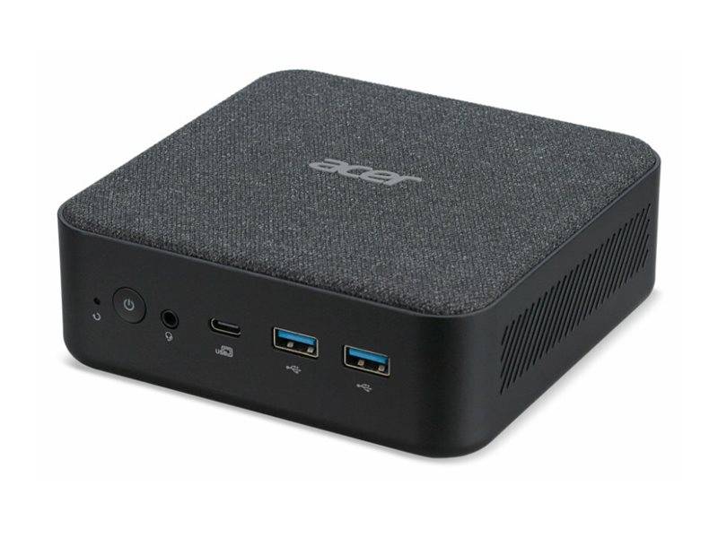Acer Veriton Desktop-Tower, Frontansicht, mit USB-Anschlüssen und Tasten auf der rechten Seite. Ein schwarzes Gitterdesign bedeckt den größten Teil der Frontplatte.