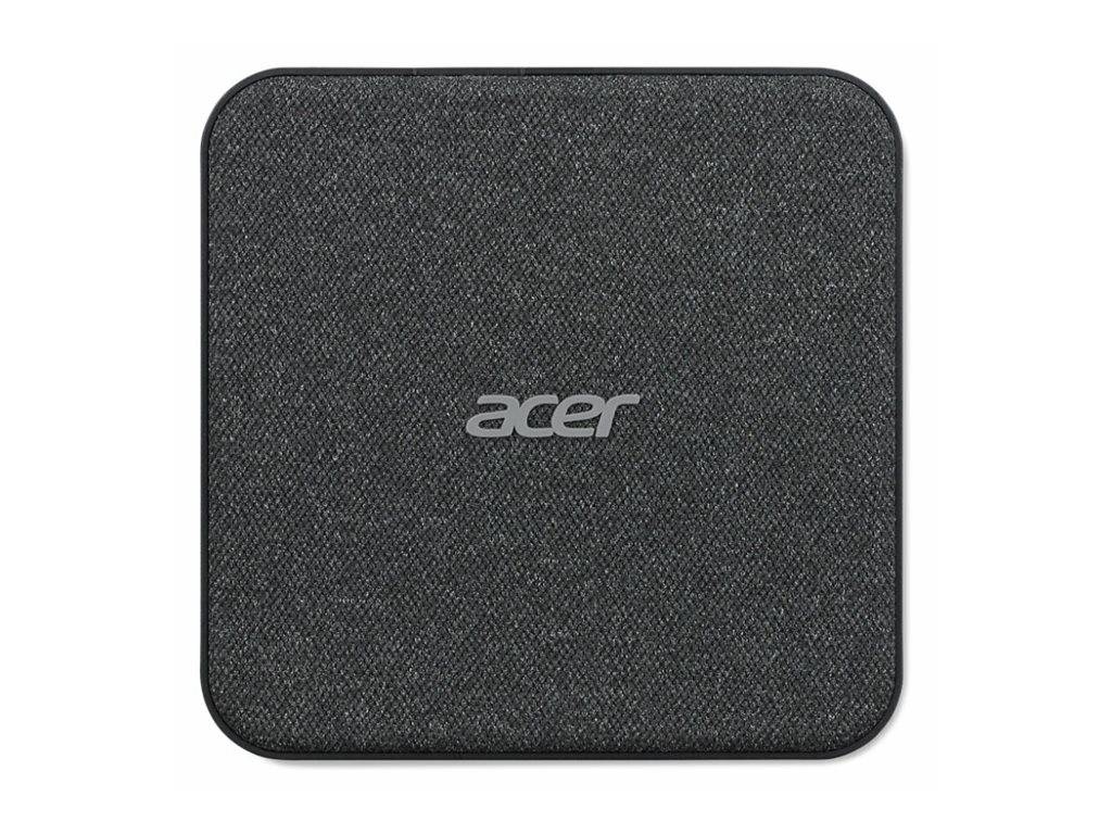 Ein kompaktes schwarzes Acer-Gerät mit strukturierter Stoffabdeckung und abgerundeten Ecken, von vorne auf weißem Hintergrund dargestellt.