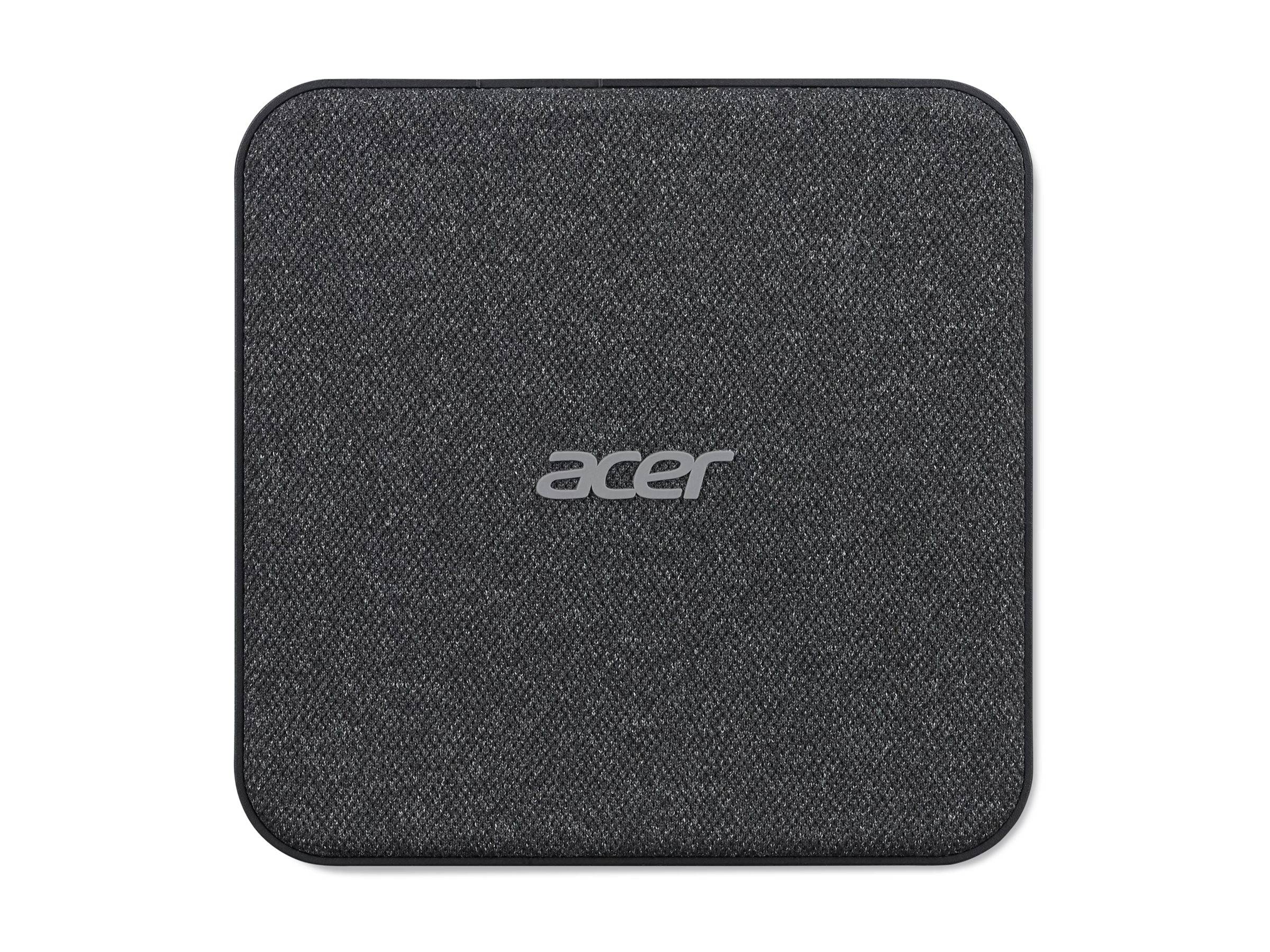 Ein schwarzer quadratischer Acer-Laptop mit einer Oberfläche aus strukturiertem Stoff, auf dessen Oberseite das Acer-Logo zentriert platziert ist.