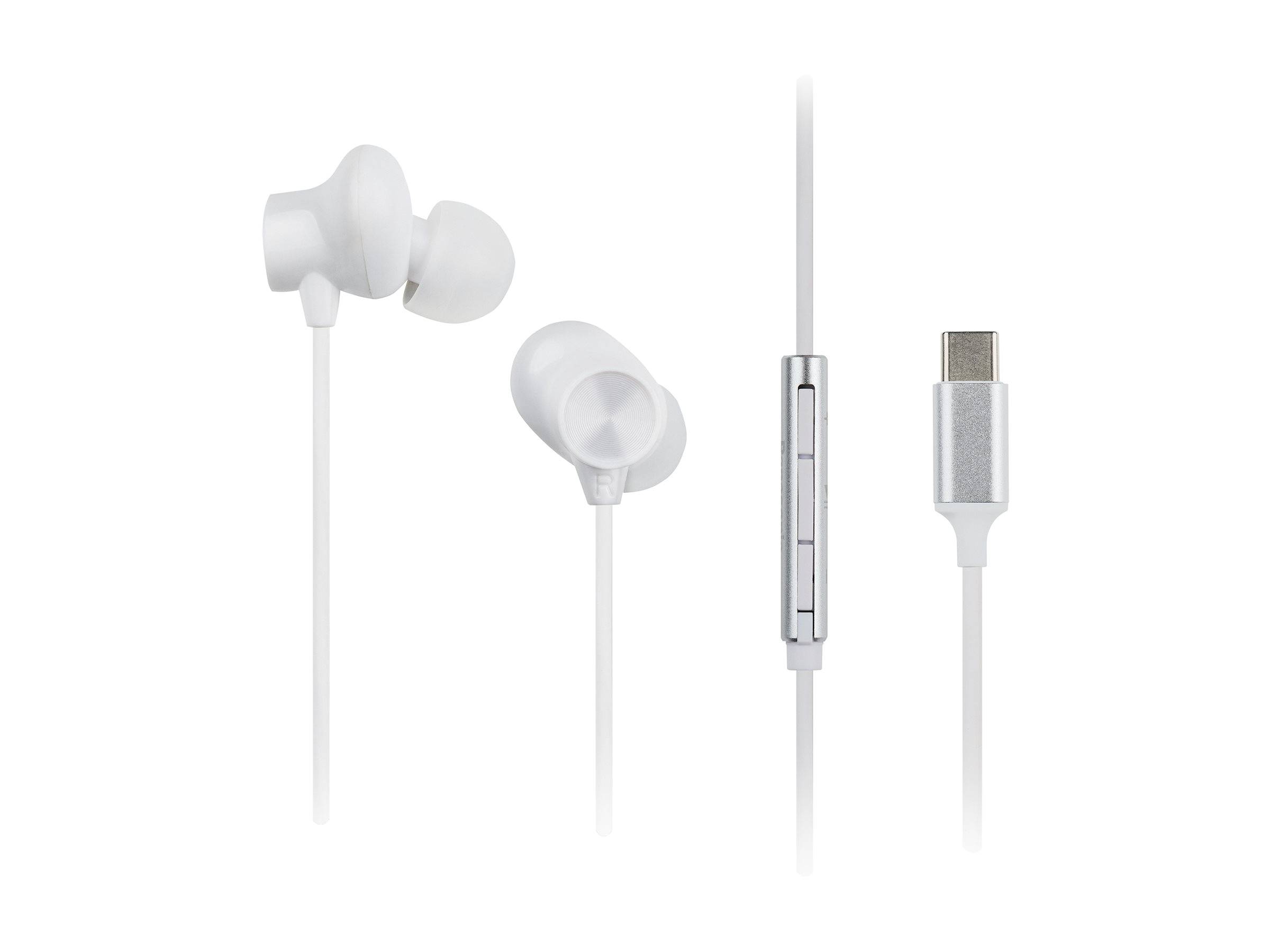 Weiße In-Ear-Kopfhörer mit einem USB-C-Anschluss, ausgestattet mit einer Inline-Fernbedienung mit Lautstärkereglern am Kabel.