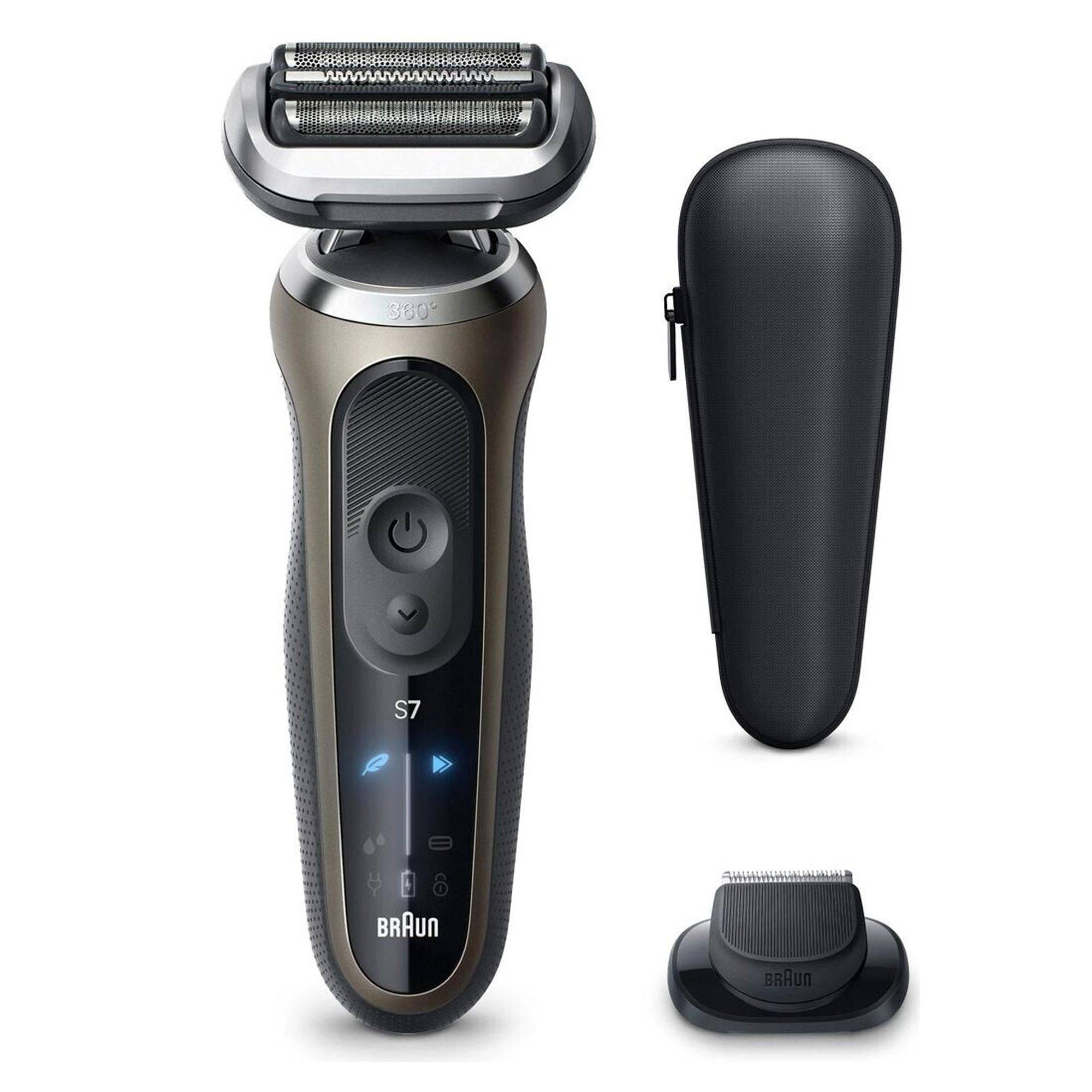 Braun Series 7 elektrischer Folienrasierer mit Reiseetui und Reinigungs-/Ladedock auf weißem Hintergrund.