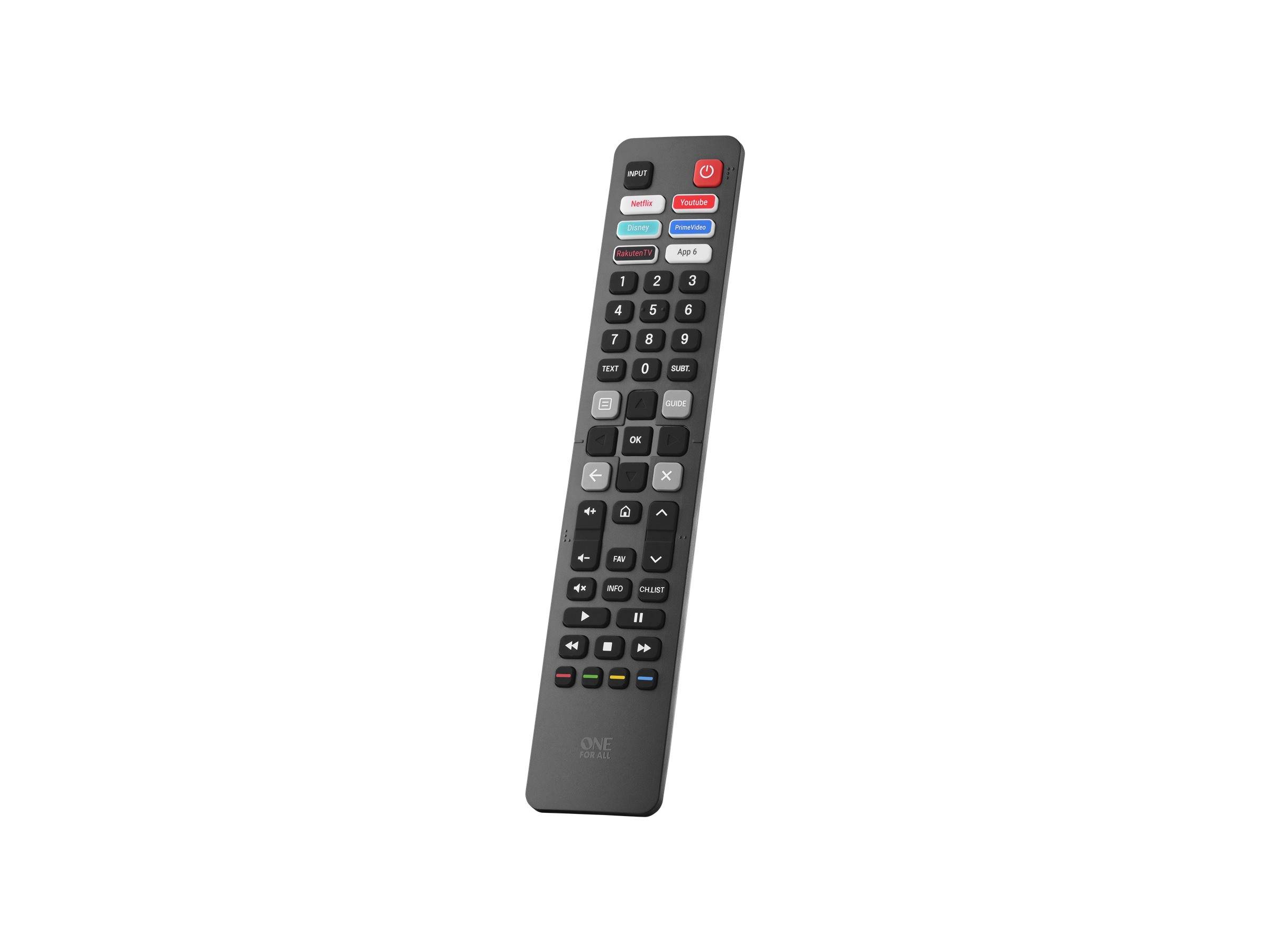 Schwarze Fernbedienung für Fernsehen mit mehrfarbigen Tasten und numerischer Tastatur auf weißem Hintergrund