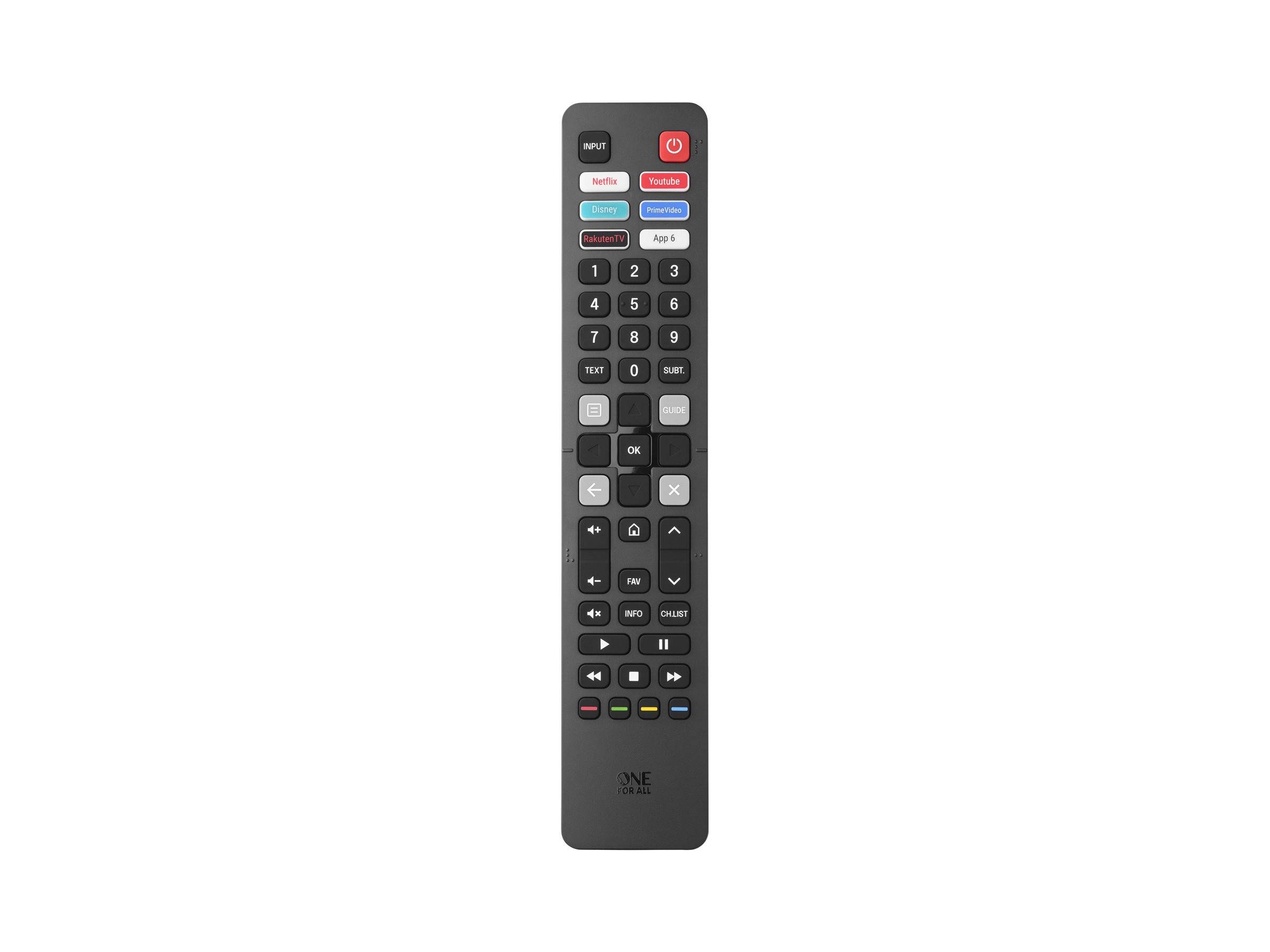 Eine schwarze VME TV-Fernbedienung mit Stromschalter, Nummernfeld, Navigation, Wiedergabefunktionen und farbigen Funktionstasten.
