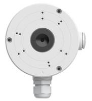 Eine weiße kreisförmige Sicherheitskamera-Halterung mit mehreren Befestigungslöchern und einer zentralen Öffnung, wahrscheinlich für die Installation einer Überwachungskamera im Außenbereich.