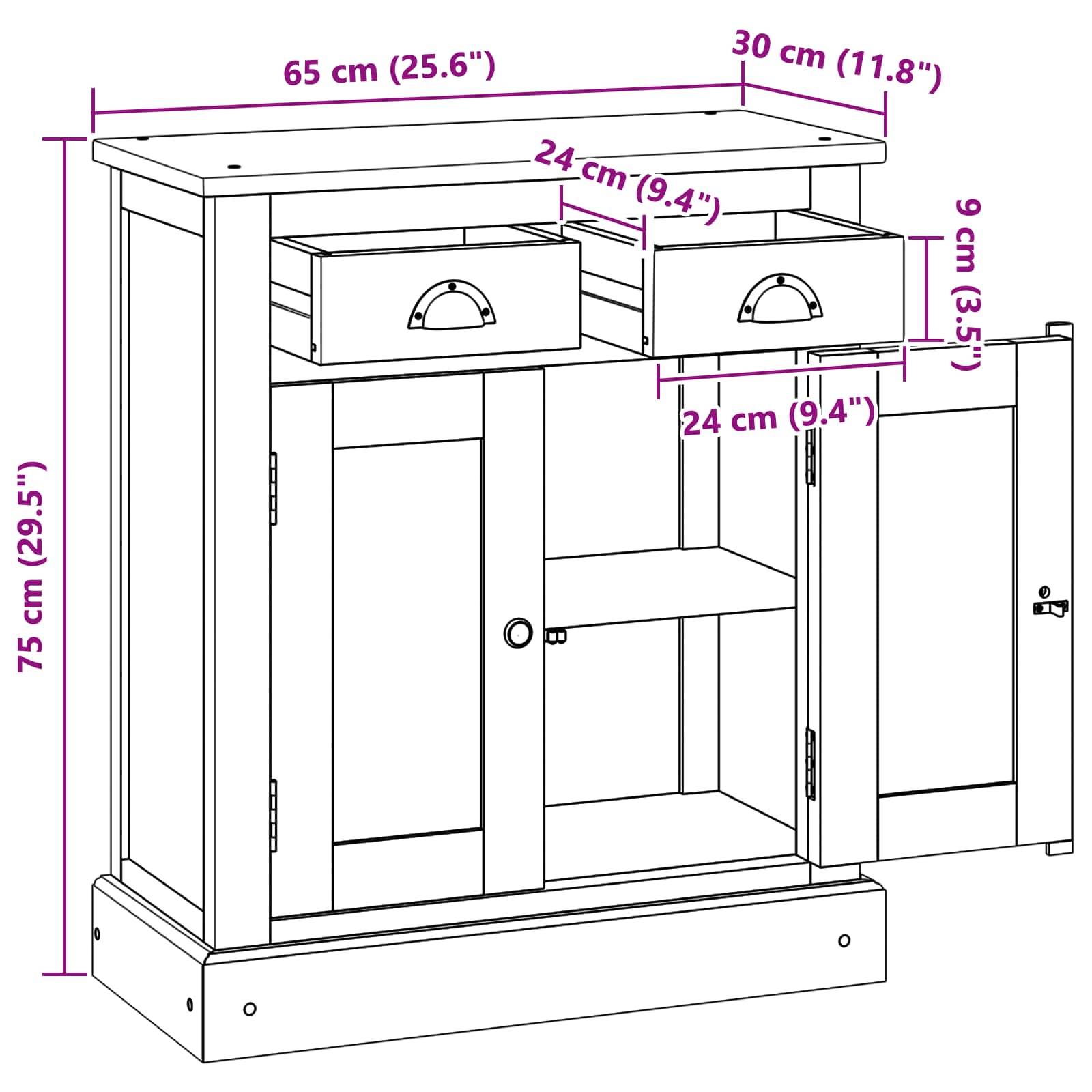 Eine Skizze eines Schranks mit Maßangaben: Höhe 75 cm, Breite 65 cm, Tiefe 30 cm. Zwei Schubladen und zwei Türen mit Regalen im Inneren.