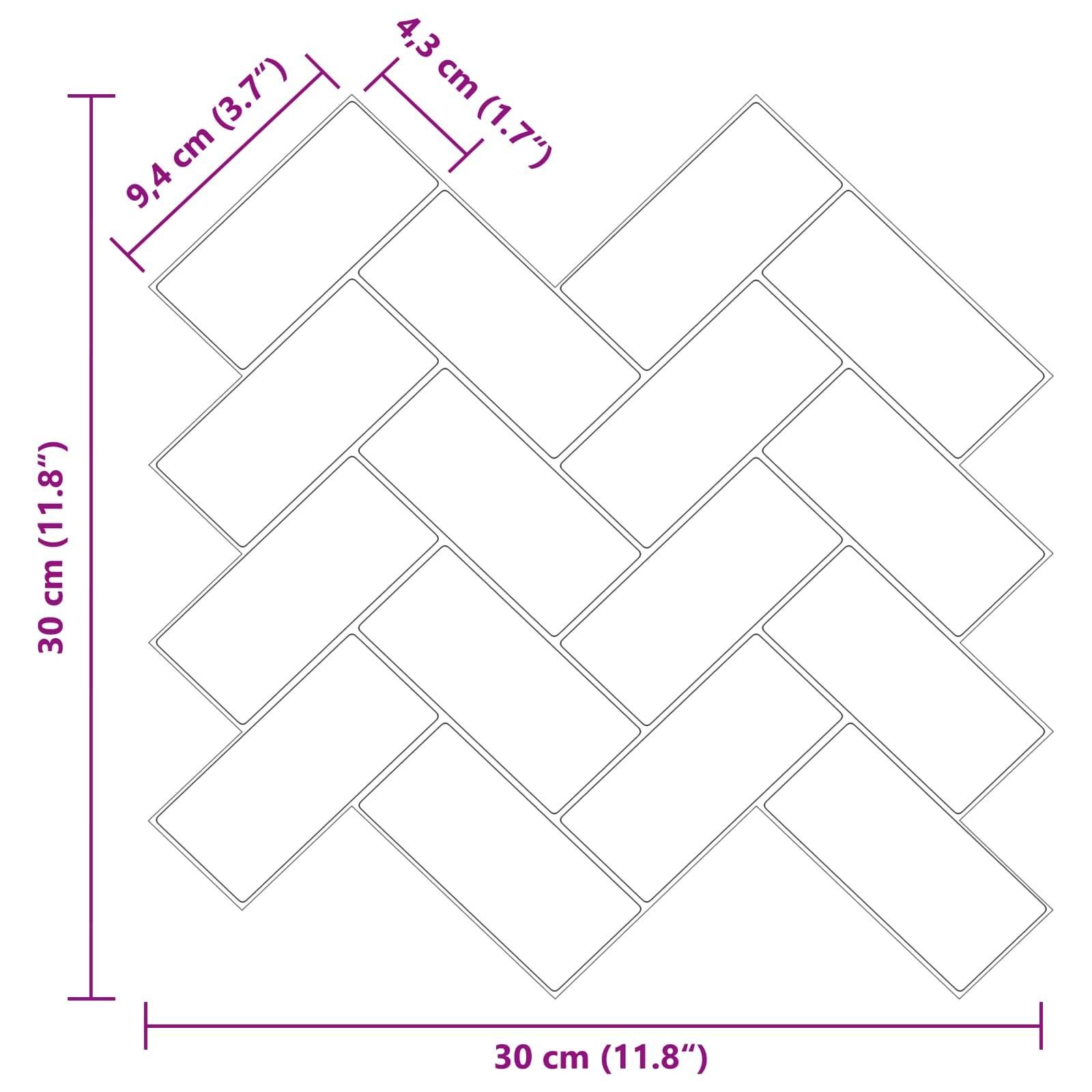 Ein Fischgrätmuster-Fliesendiagramm mit Abmessungen: jede Fliese misst 9,4 cm x 4,3 cm; das Gesamtdesign hat eine Größe von 30 cm x 30 cm.