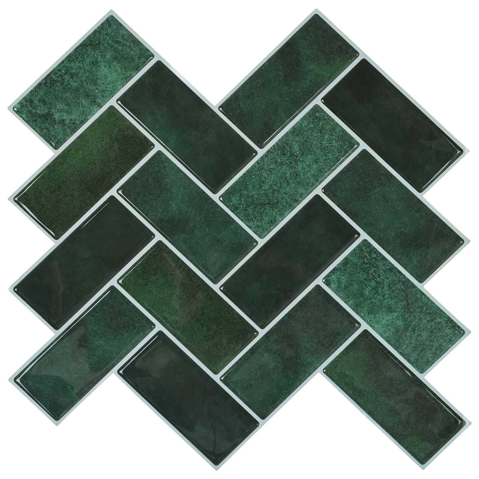 Dunkelgrüne rechteckige Fliesen in Fischgrätmuster angeordnet, ein geometrisches Design mit kontrastierenden Schattierungen und glänzender Oberfläche bildend.