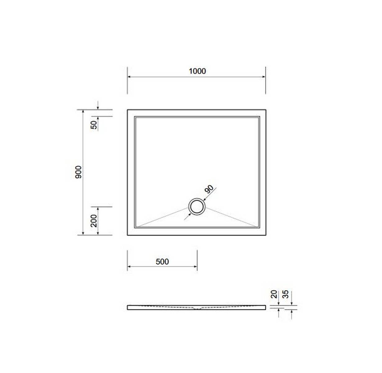 Schröder Viereck Duschwanne Deepstone E 100x90x2 cm weiß, Mineralguss