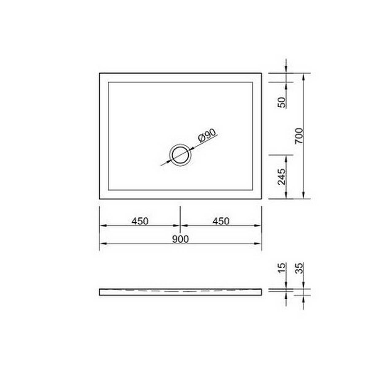 Eine technische Zeichnung eines rechteckigen Waschbeckens mit mittig angeordnetem Ablauf. Abmessungen: 900x700mm, Tiefe 15mm, mit einer Randerhöhung von 35mm.