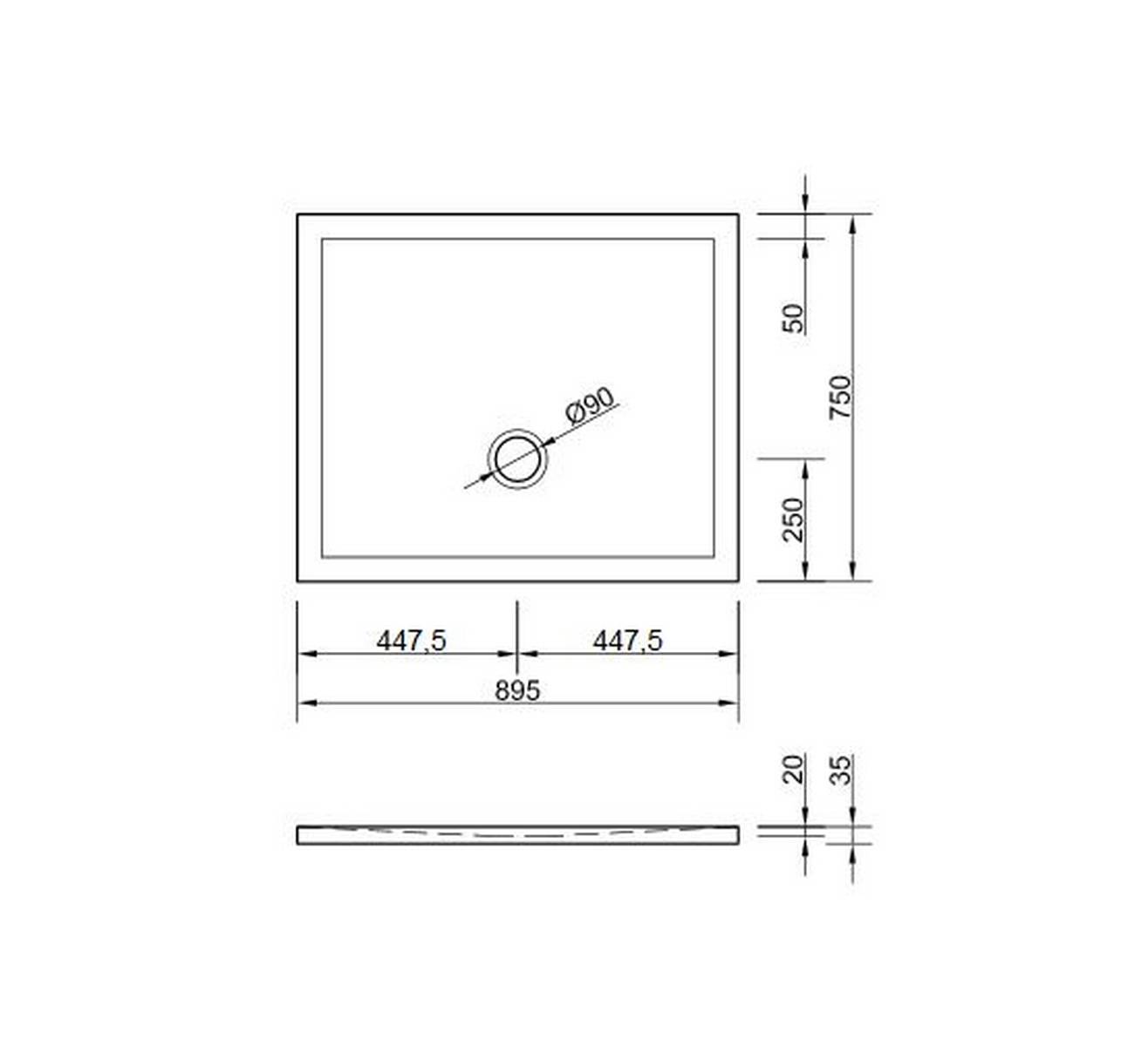 Schröder Rechteckduschwanne Flat New E 90x75x2 cm weiß