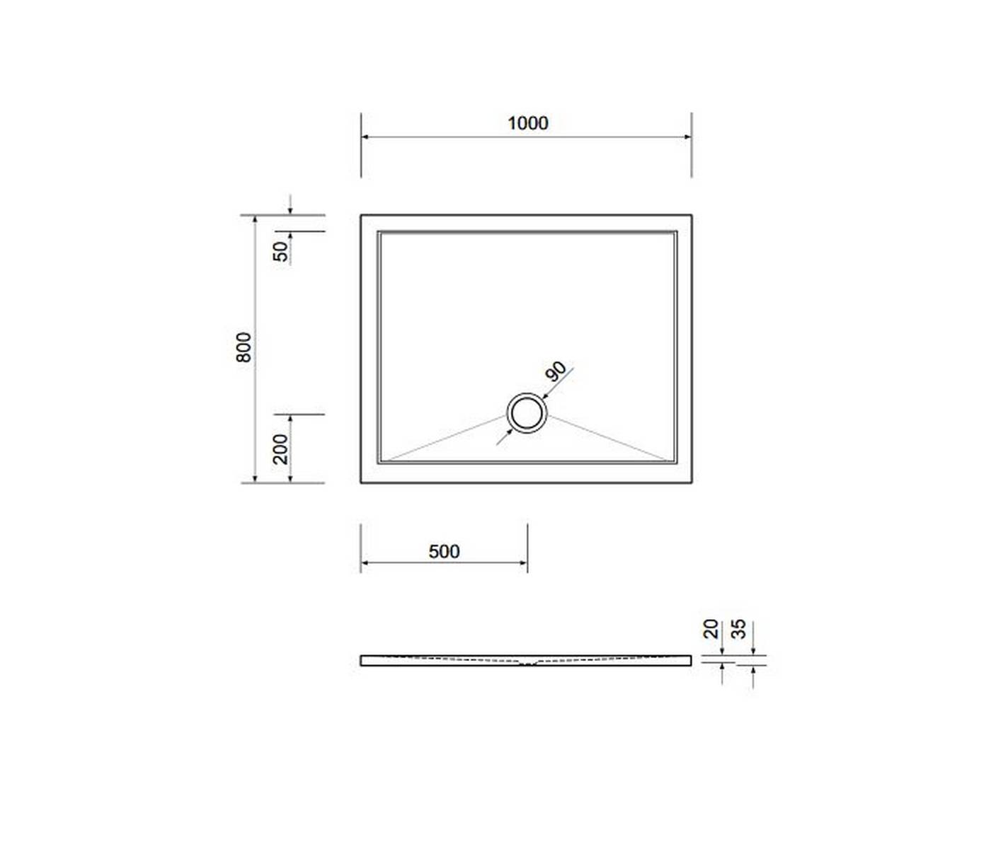 Schröder Viereck Duschwanne Deepstone E 100x80x2 cm weiß, Mineralguss