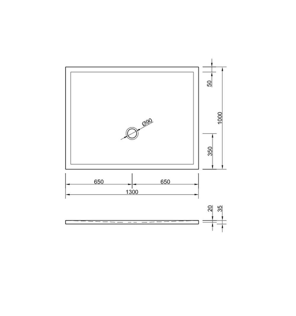 Technische Zeichnung eines quadratischen Duschbeckens mit Ablauf, Abmessungen 1300x1000 mm. Die Ansicht zeigt eine Tiefe von 20 mm.