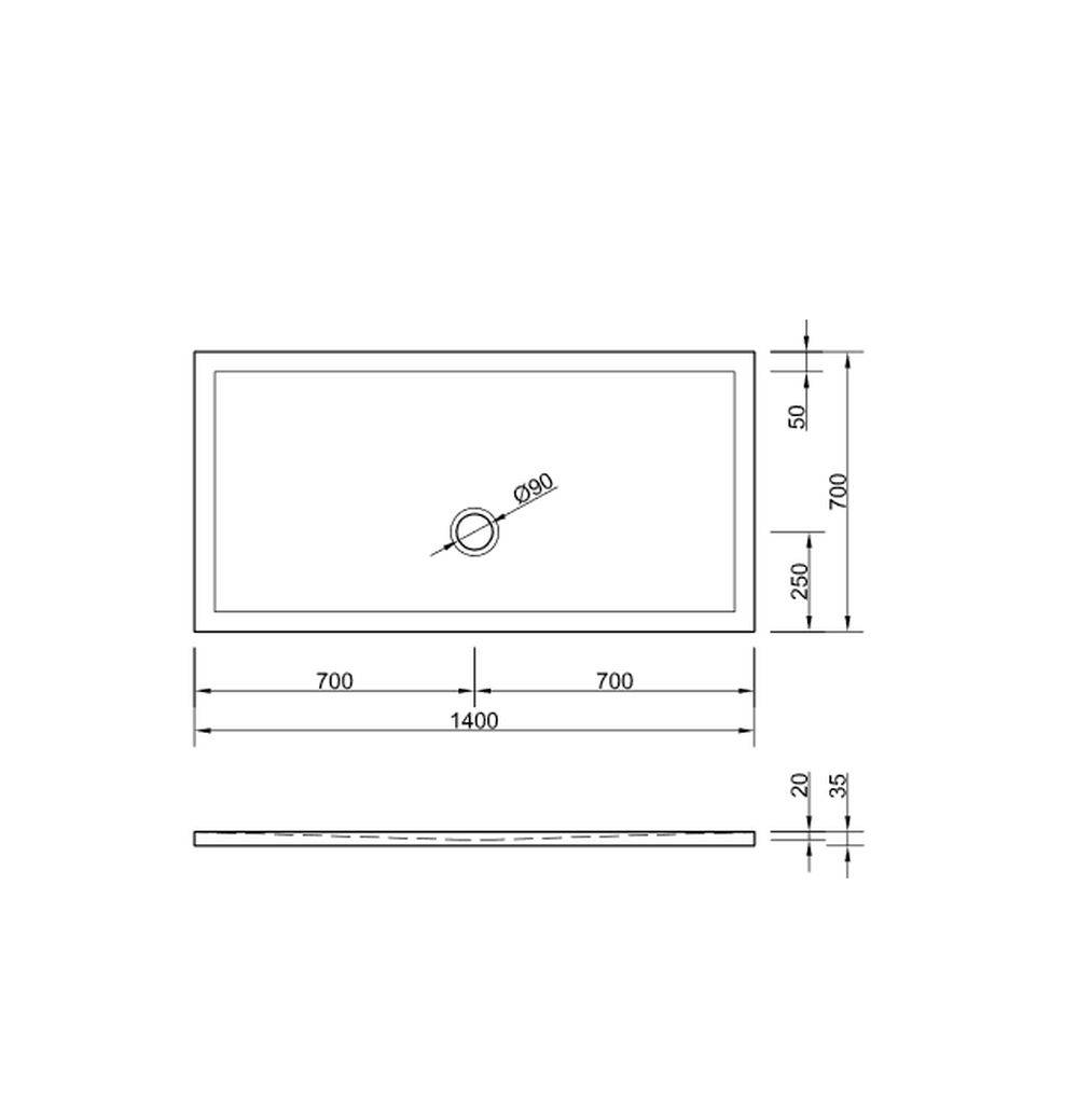 Abmessungen eines rechteckigen Duschbeckens: 1400 mm Länge, 700 mm Breite, 50 mm Tiefe. Zentrierter Ablauf bei 900 mm von einem Ende.
