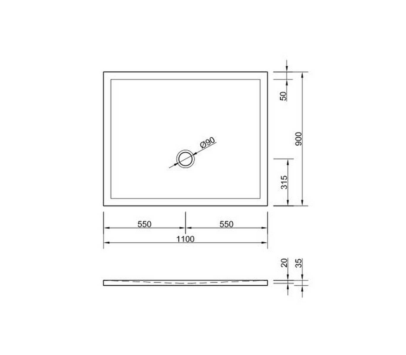 Technische Zeichnung eines quadratischen Duschbeckens mit Abmessungen: 900 mm x 900 mm, 20 mm Tiefe. Zentraler Ablauf mit 90 mm gekennzeichnet.