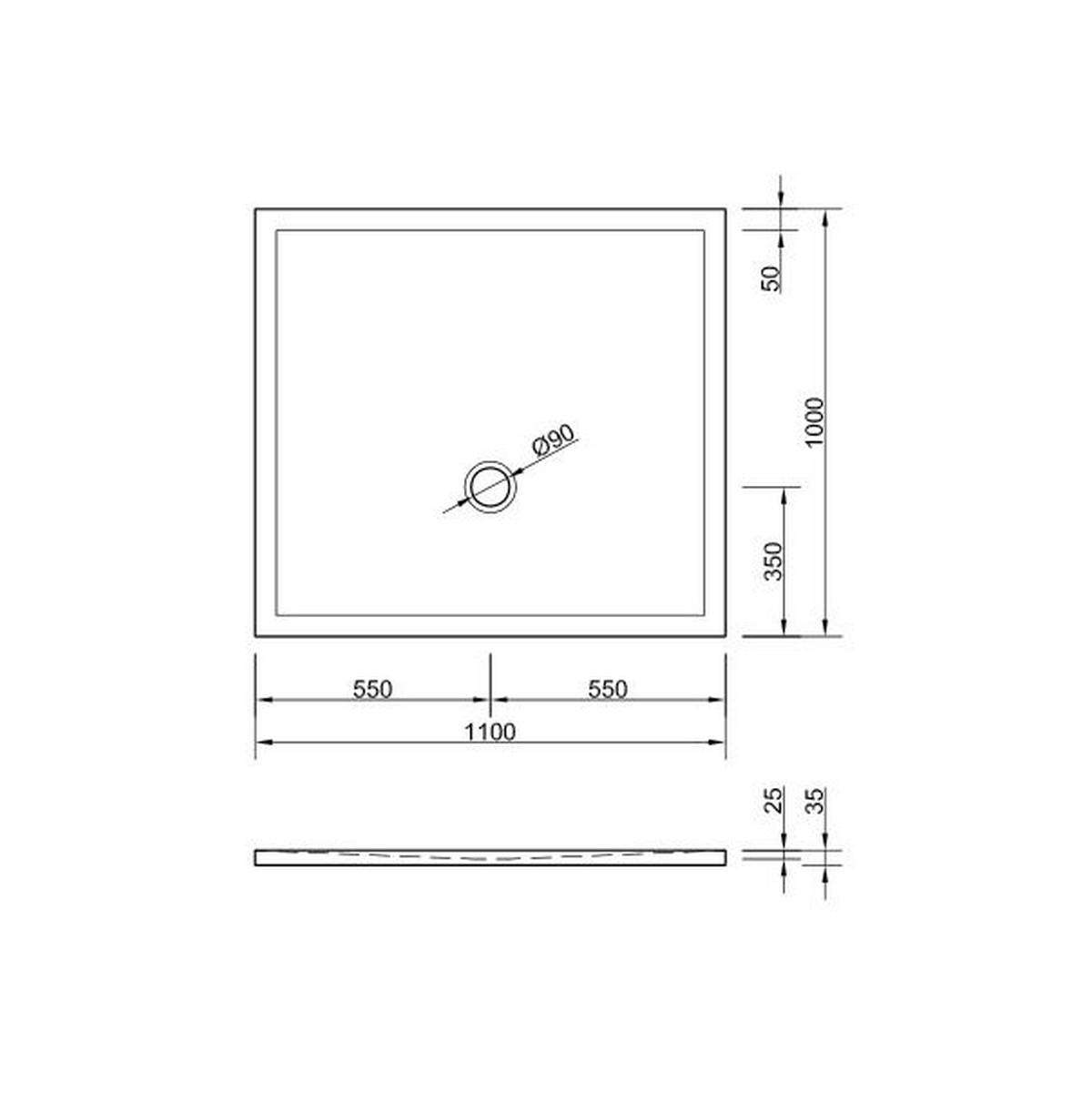 Duschwannendimensionen: 1100x1100mm quadratisch, mit einem zentralen Ablaufloch von 90mm. Seitenansicht zeigt eine Höhe von 25mm, detailliert bis 36mm.