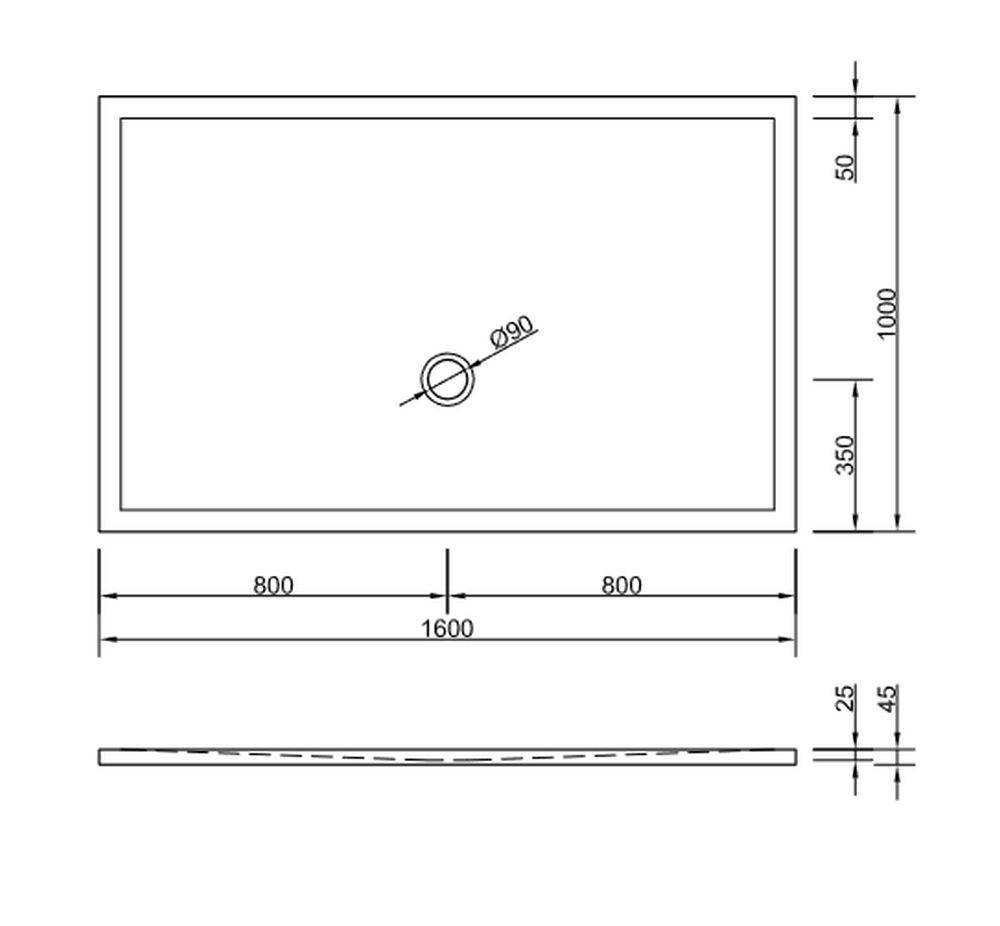 Diagramm eines rechteckigen Objekts mit zentrierter Öffnung für Entwässerung. Abmessungen: 1600x1000 mm, Lochdurchmesser: 90 mm. Seitenansicht zeigt leichte Neigung.