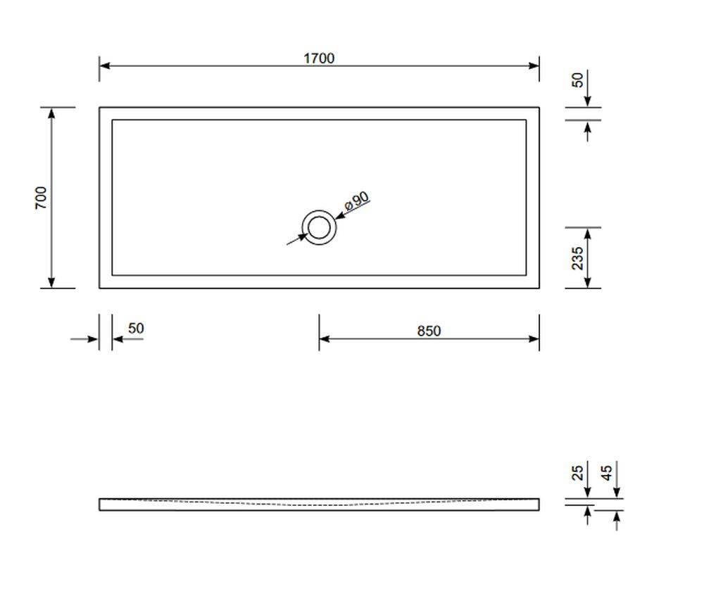 Technische Zeichnung eines rechteckigen Waschbeckens mit Abflussöffnung, 1700 mm breit und 850 mm vom Ablauf bis zur Seite. Höhe beträgt 45 mm.