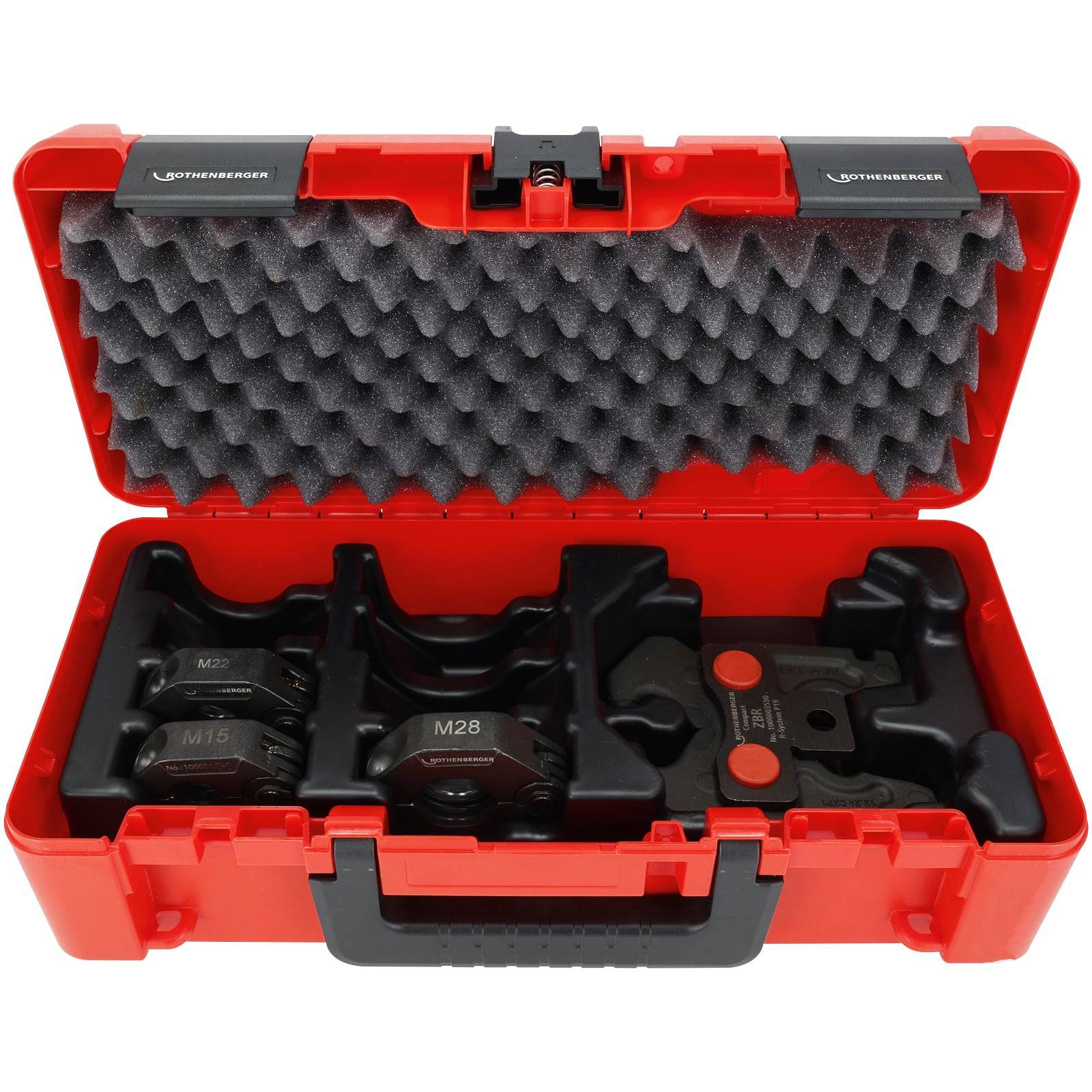 Rote Kunststoff-Werkzeugkiste mit grauer Schaumstoffauskleidung, die verschiedene Metallklemmen mit den Bezeichnungen 'M15' und 'M28' enthält, die ordentlich innen angeordnet sind.