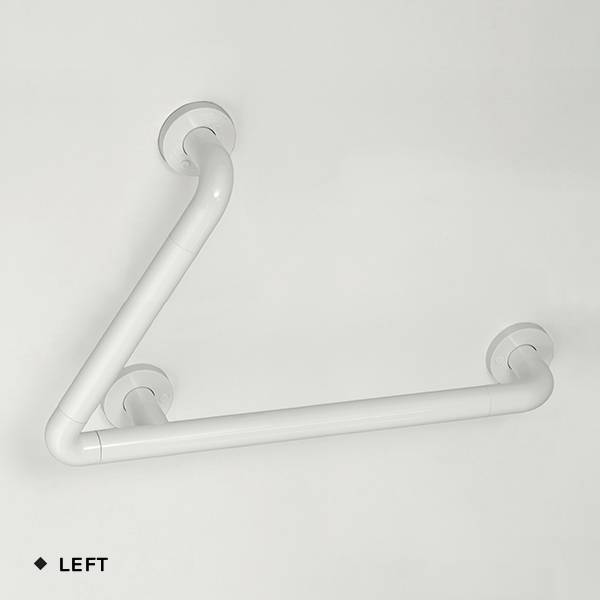 Eine weiße, L-förmige Metallhaltestange ist an einer Wand befestigt, horizontal und vertikal positioniert, mit der Beschriftung 