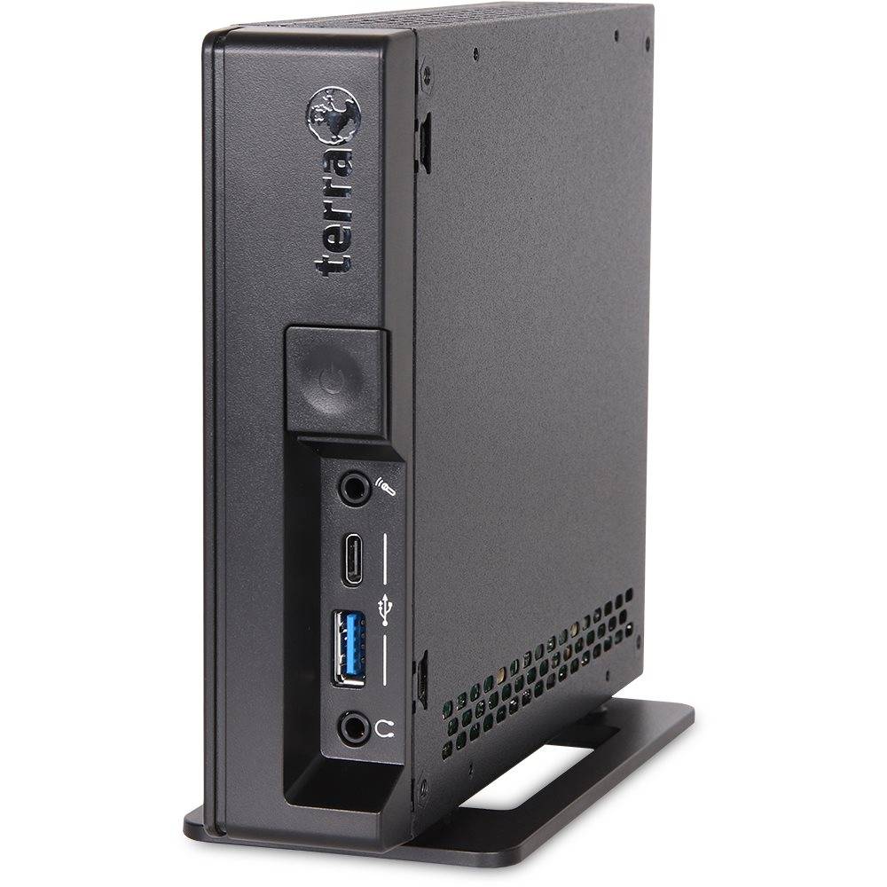 Ein kompakter, schwarzer Desktop-Computer mit sichtbaren Anschlüssen wie USB, HDMI und Kopfhörerbuchse auf der Frontplatte.
