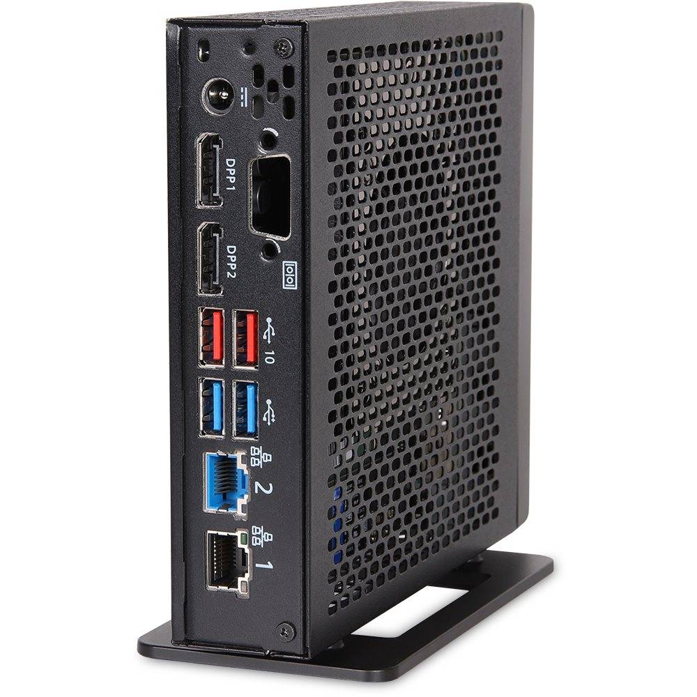 Schwarzer Mini-PC mit verschiedenen Anschlüssen wie HDMI, USB und Ethernet an der Seite. Lüftungsöffnungen bedecken eine Seite zur Kühlung.