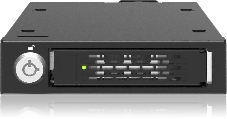 Ein schwarzes elektronisches Gerät mit einer Lüftungsblende im Rasterdesign und einer kleinen grünen Kontrollleuchte, die den Betriebszustand anzeigt.