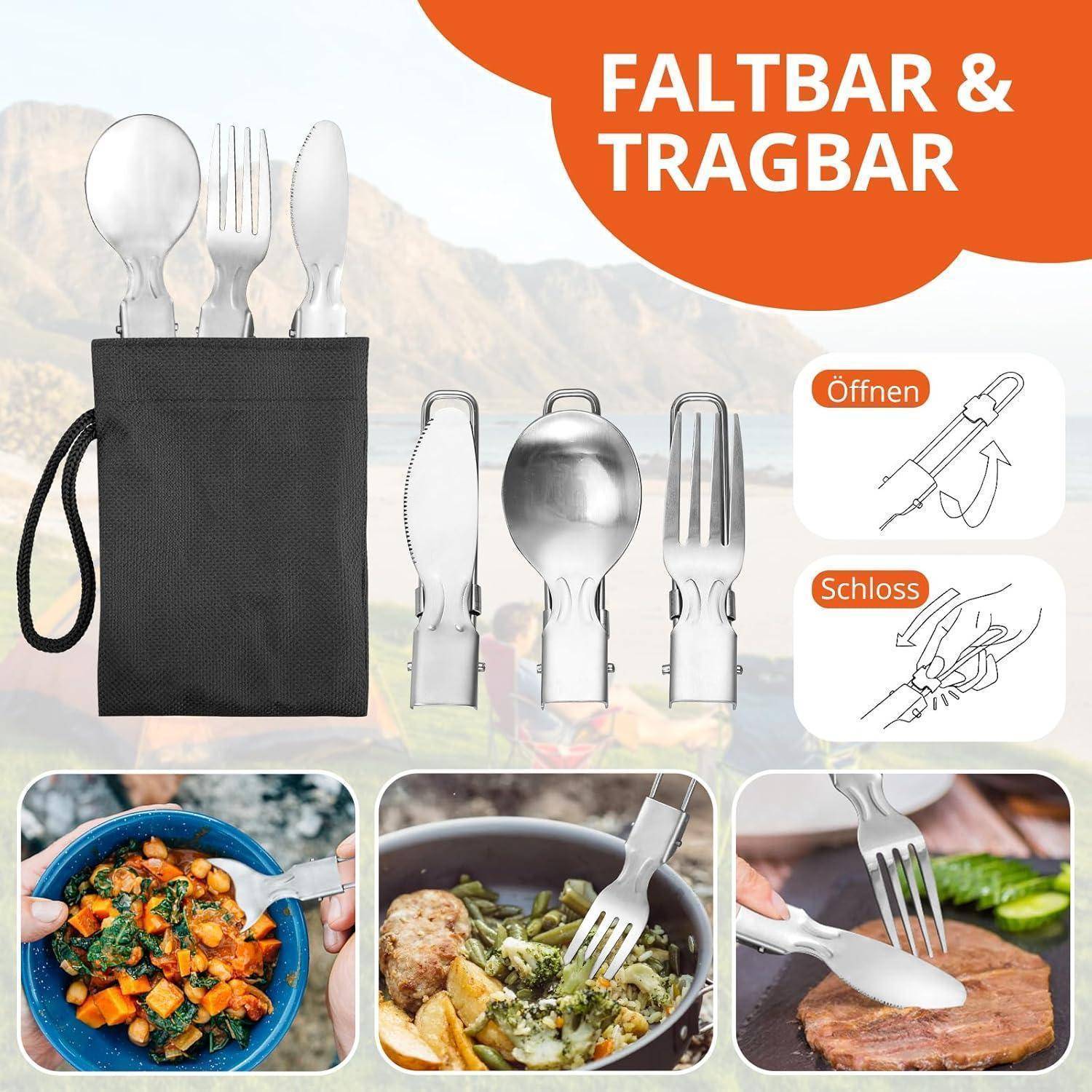 Faltbar & Tragbar' Campingbesteck-Set, inklusive zusammenklappbarem Löffel, Gabel, Messer in einer schwarzen Tasche. Diagramme zeigen, wie man das Besteck öffnet und verriegelt.