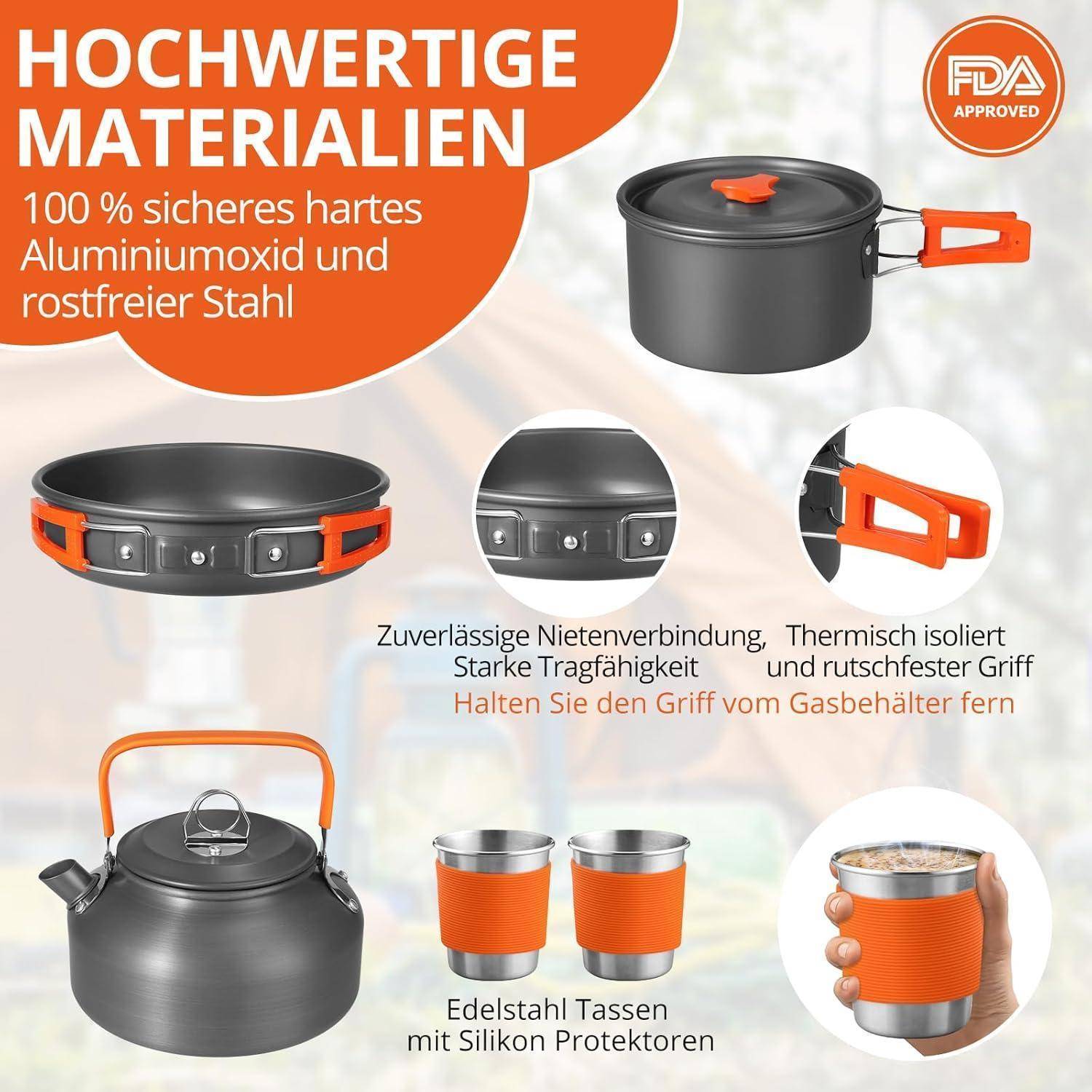 Campinggeschirr-Set mit Wasserkocher, Topf und Tassen mit Schutzhüllen. Highlights umfassen eloxiertes Aluminium, stabilen Griff und rutschfeste Griffoberfläche. FDA-zugelassen.