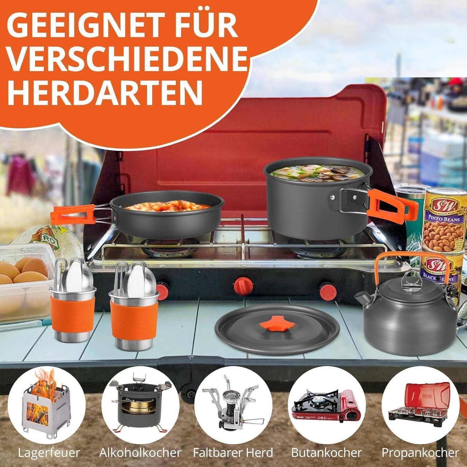 Campingkocher-Aufbau mit Töpfen, Pfanne, Wasserkocher und verschiedenen Brennstoffen (Holz, Alkohol, Butan, Propan). German text 'Geeignet für verschiedene Herdarten'.